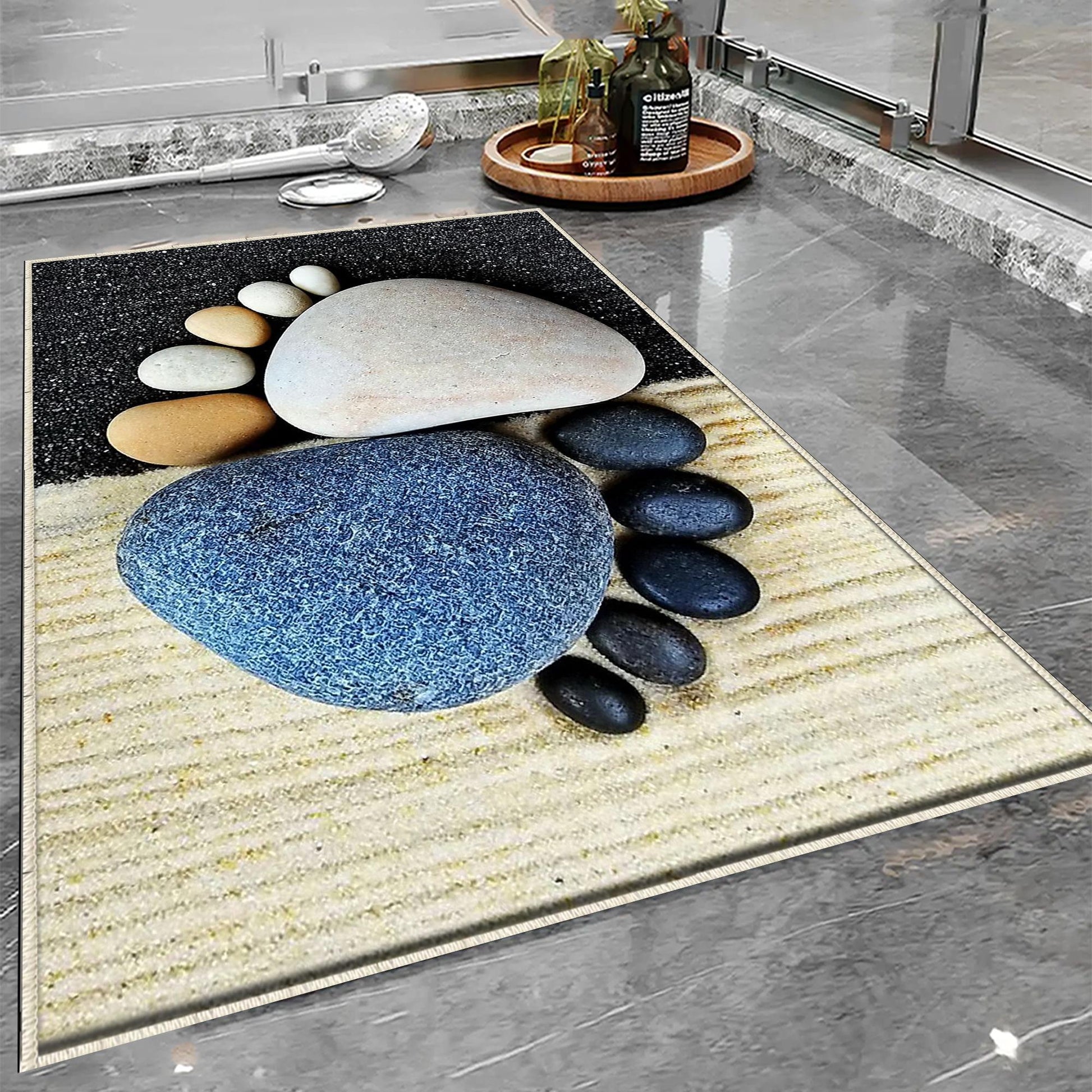 Blue Black Foot Stones Bathroom Rug - Non Slip Bath Mat, Quick Dry Washable Toilet Mat, Soft Modern Bathroom Decor