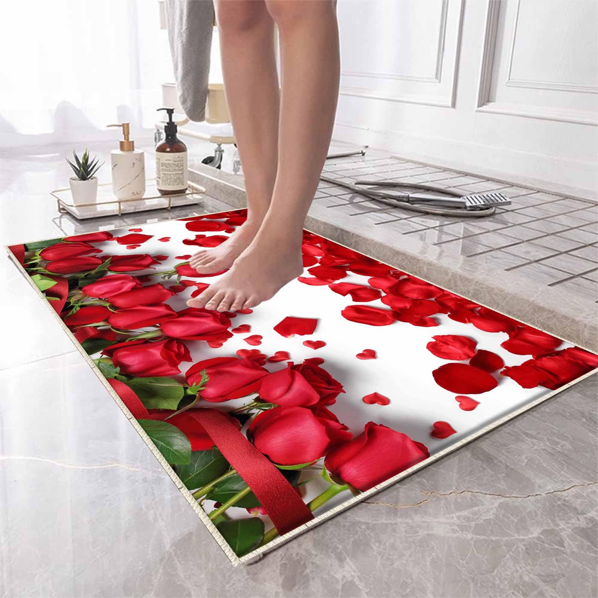 Red Roses Leaves Floral Flowers Bathroom Rug - Non Slip Bath Mat, Quick Dry Washable Toilet Mat, Soft Modern Bathroom Decor