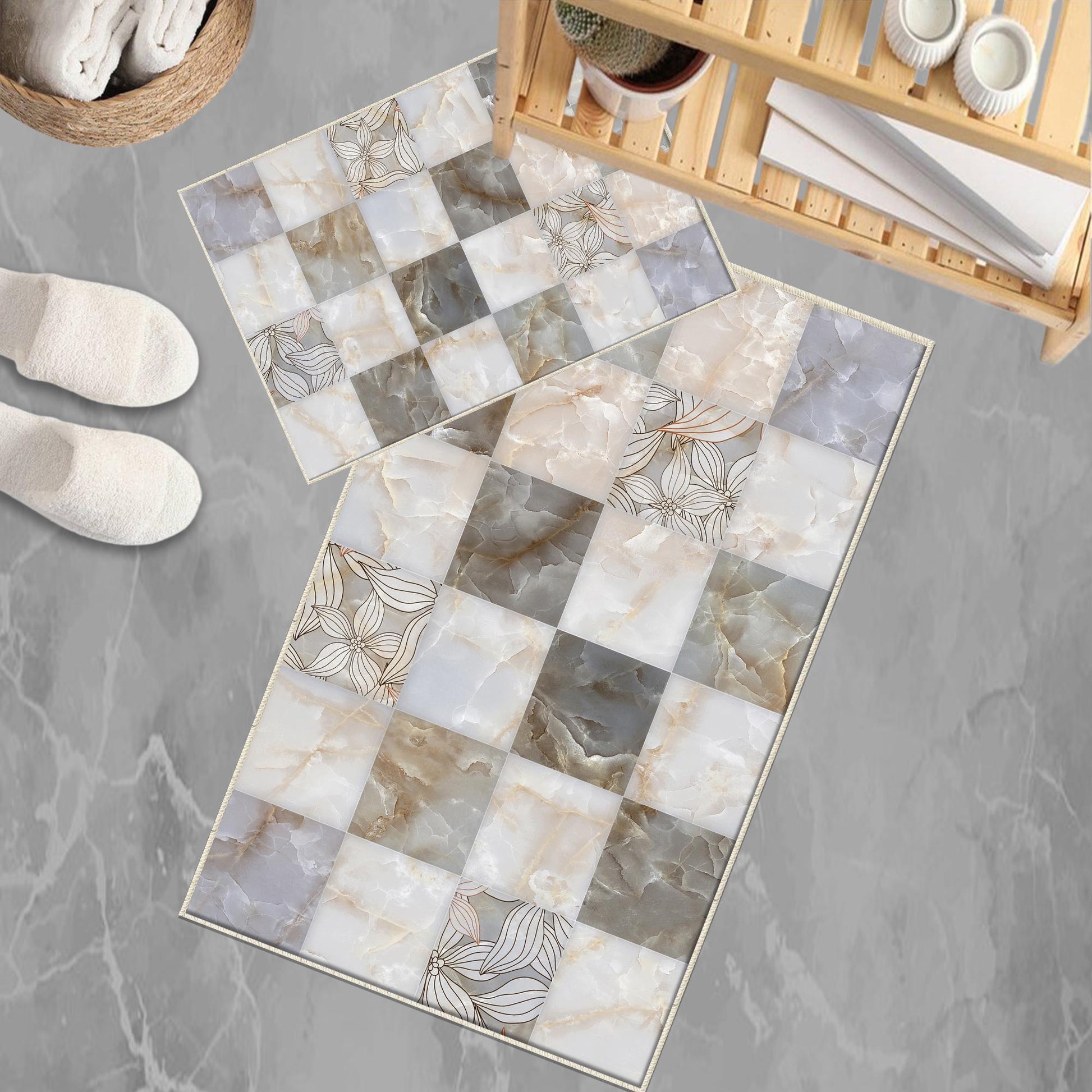 Gray Marble Stones Tiles Bathroom Rug - Non Slip Bath Mat, Quick Dry Washable Toilet Mat, Soft Modern Bathroom Decor