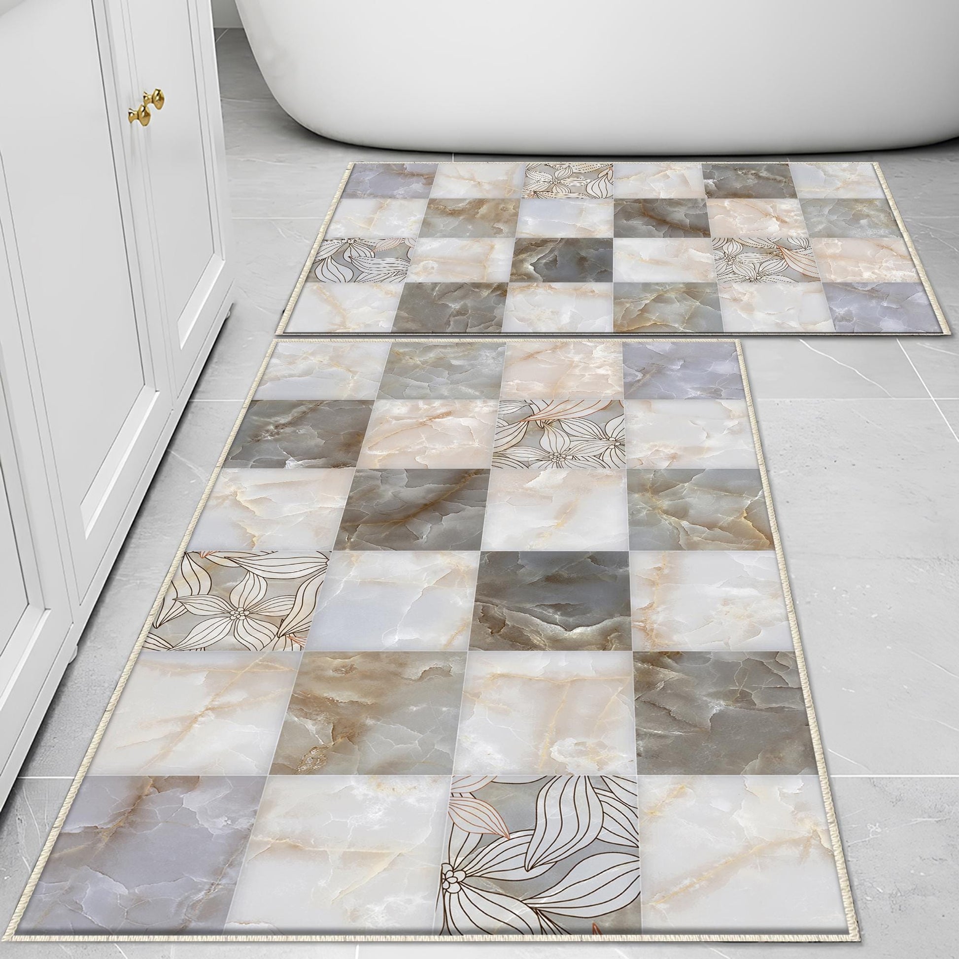 Gray Marble Stones Tiles Bathroom Rug - Non Slip Bath Mat, Quick Dry Washable Toilet Mat, Soft Modern Bathroom Decor