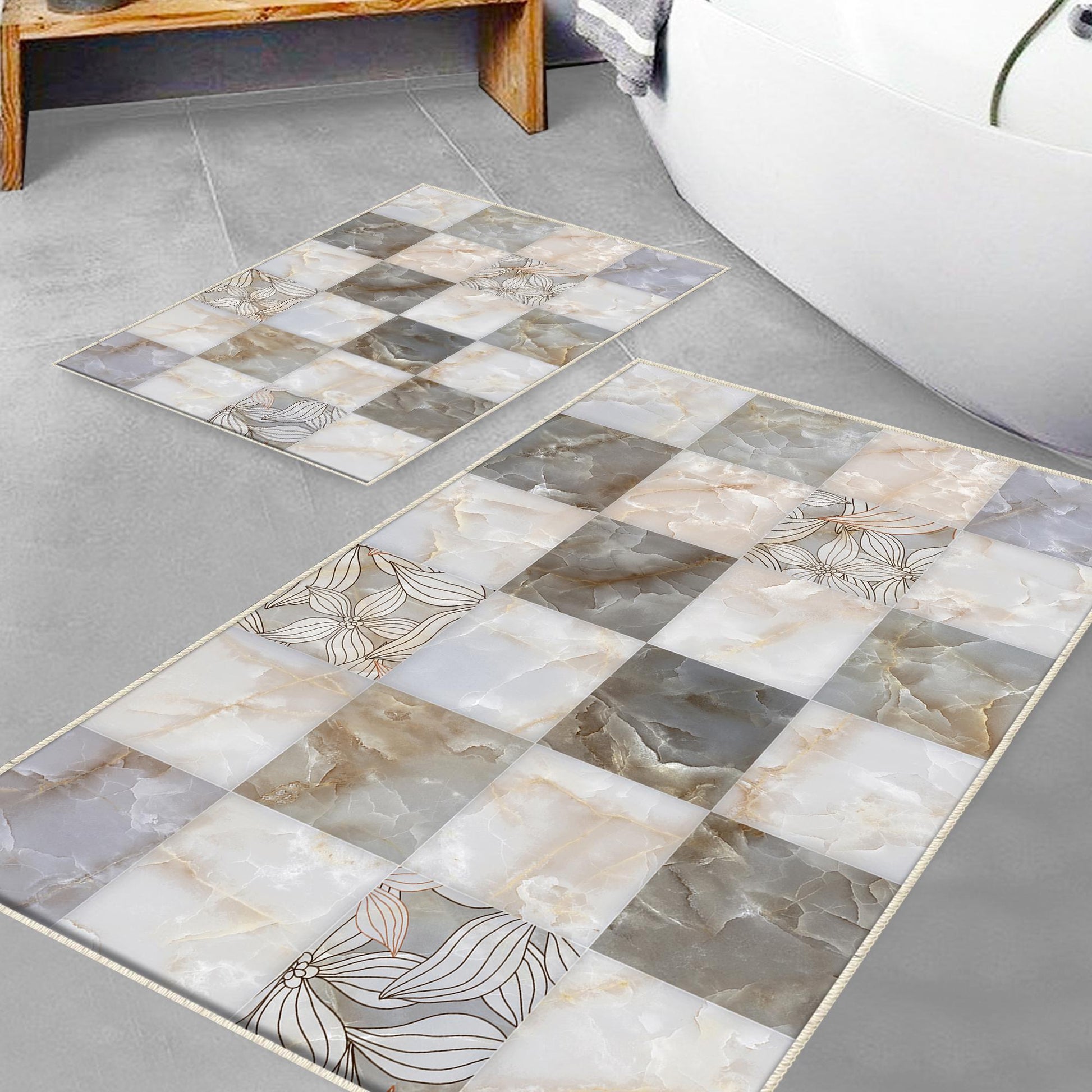 Gray Marble Stones Tiles Bathroom Rug - Non Slip Bath Mat, Quick Dry Washable Toilet Mat, Soft Modern Bathroom Decor