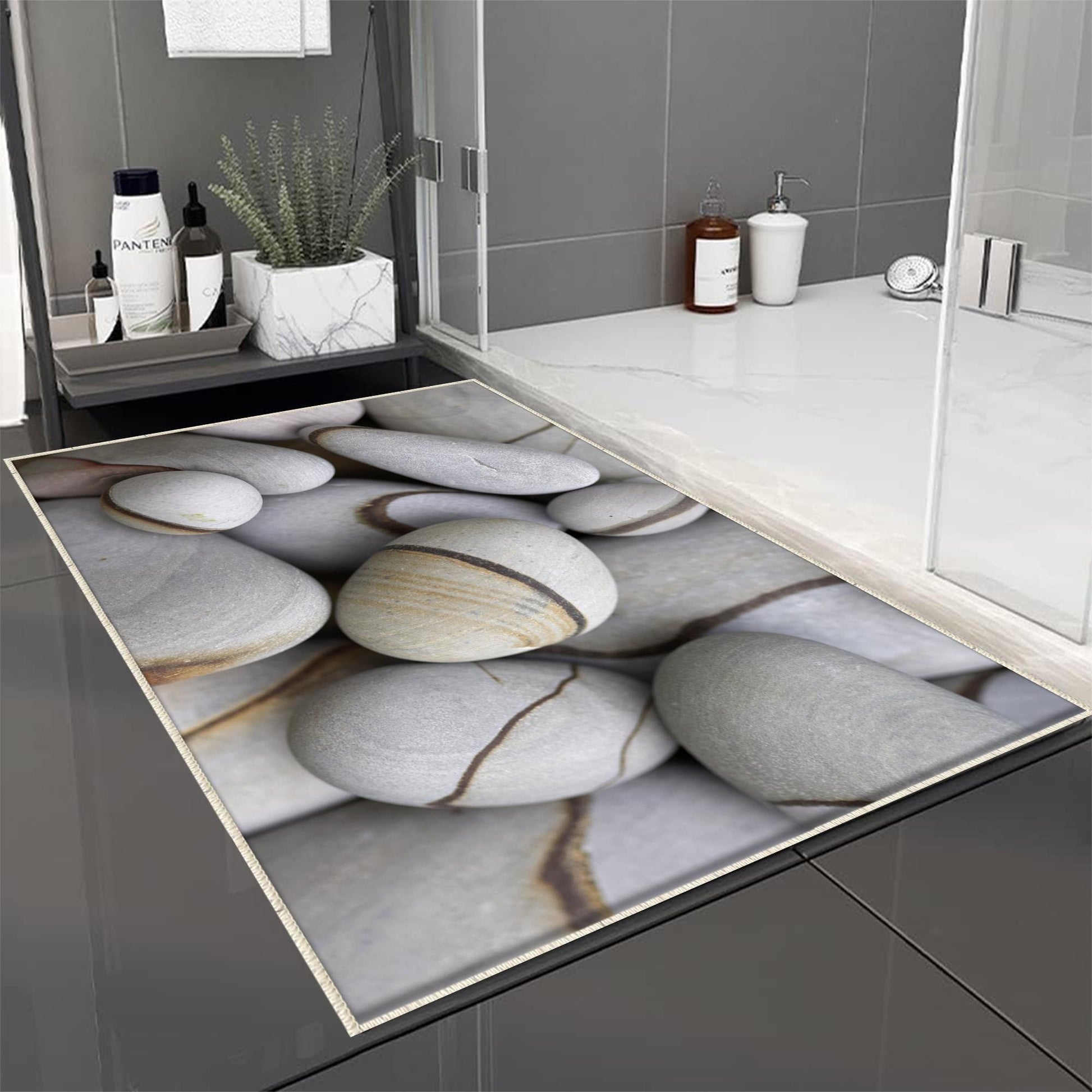 Gray Pebble Stones Bathroom Rug - Modern Non Slip Bath Mat, Quick Dry Washable Toilet Mat, Soft Modern Bathroom Decor