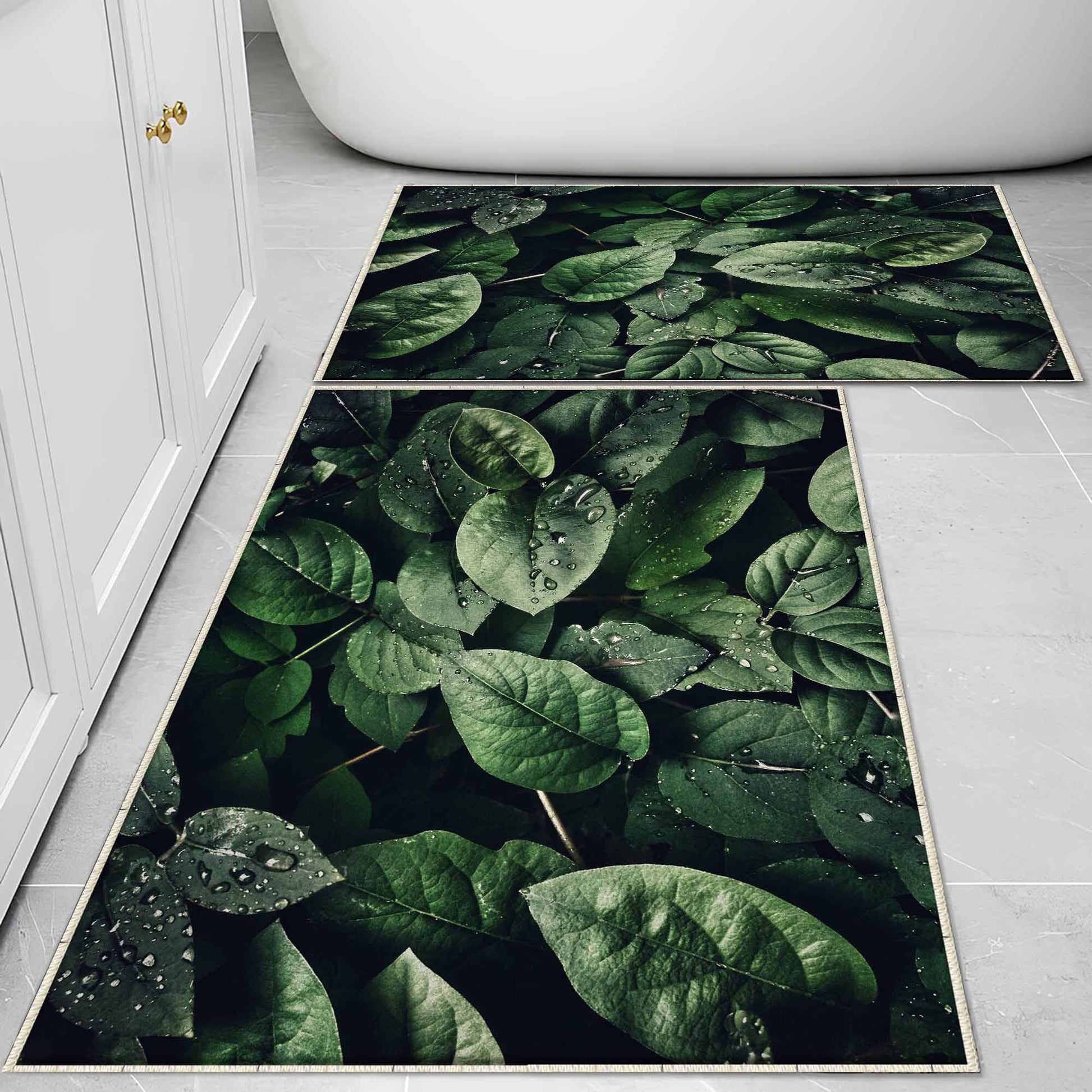 Green Tropical Leaves Floral Bathroom Rug - Modern Non Slip Bath Mat, Quick Dry Washable Toilet Mat, Soft Modern Bathroom Decor