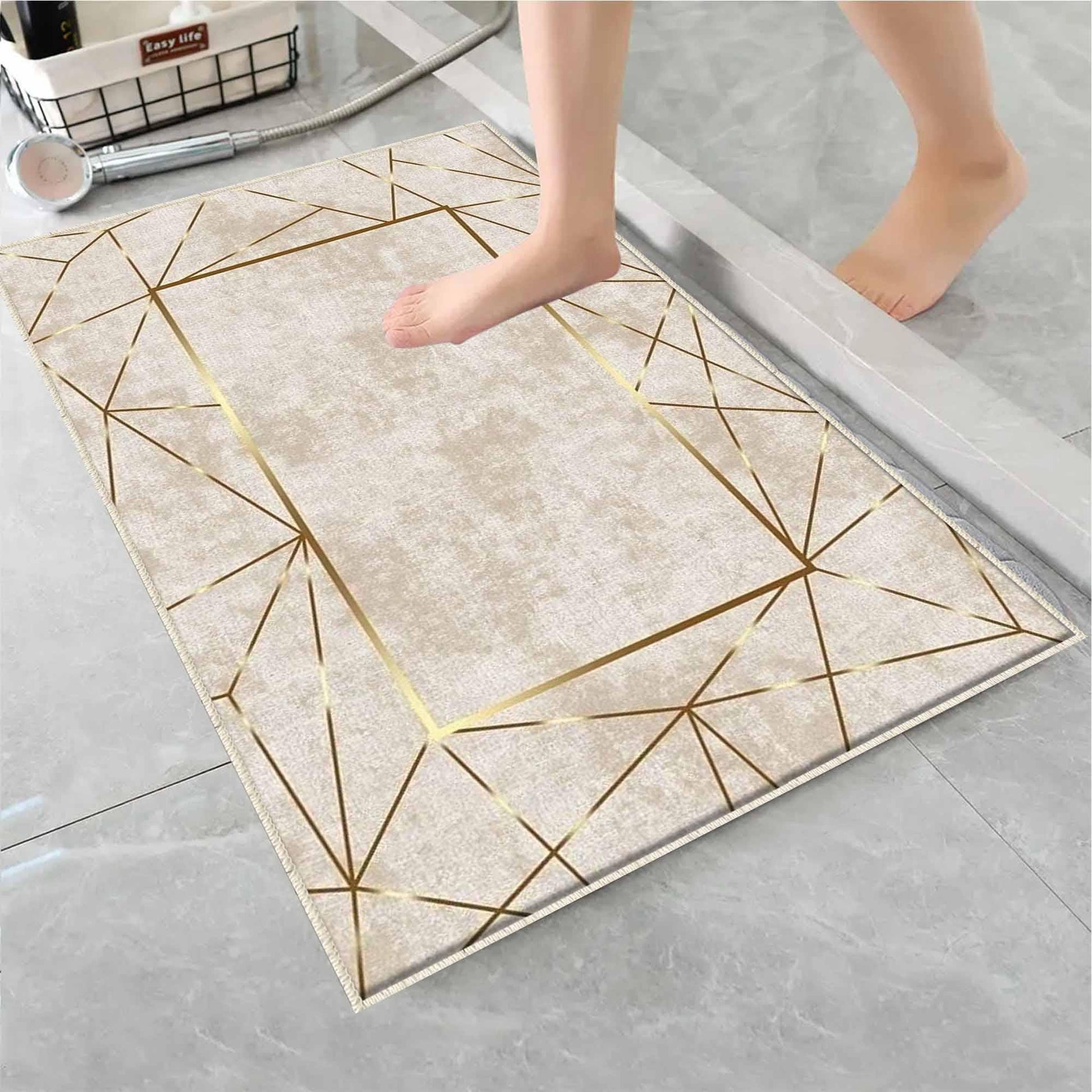 Gold Border Lines Bathroom Rug - Geometric Non Slip Bath Mat, Quick Dry Washable Toilet Mat, Soft Modern Floral Bathroom Decor