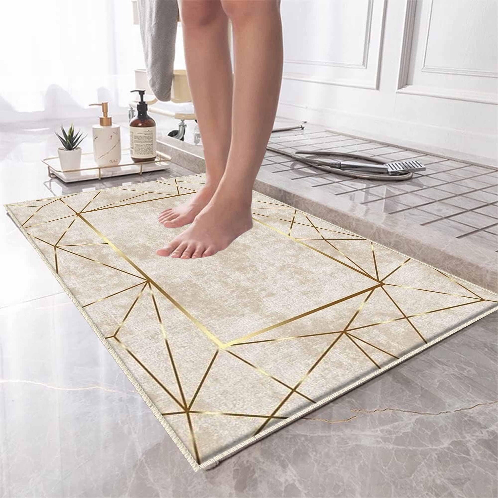 Gold Border Lines Bathroom Rug - Geometric Non Slip Bath Mat, Quick Dry Washable Toilet Mat, Soft Modern Floral Bathroom Decor