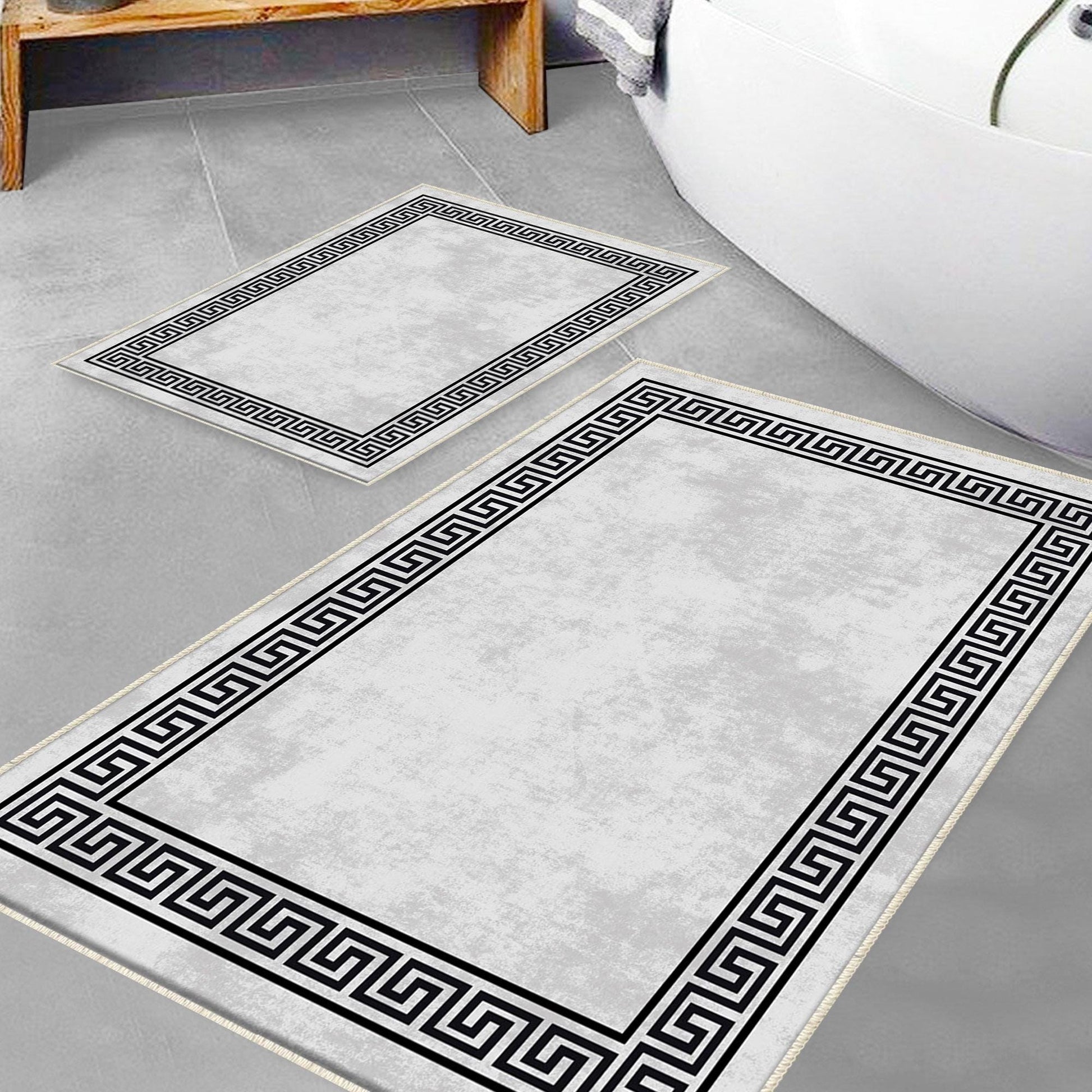 Gray White Black Greek Key Bathroom Rug - Geometric Non Slip Bath Mat, Quick Dry Washable Toilet Mat, Soft Modern Floral Bathroom Decor