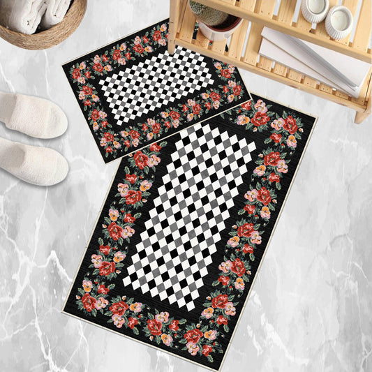 Colorful Roses Black White Checkered Bathroom Rug - Non Slip Bath Mat, Quick Dry Washable Toilet Mat, Soft Modern Floral Bathroom Decor
