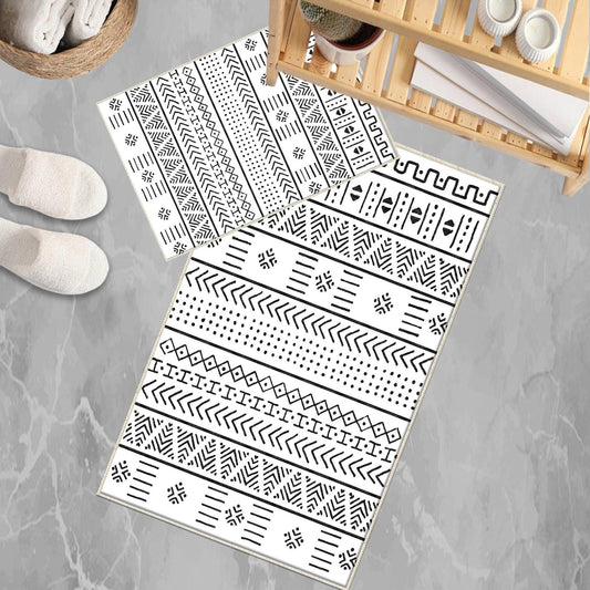 Black White Aztec Boho Bathroom Rug Non Slip Quick Dry Bath Mat - Tribal Bohemian Geometric Floral Toilet Mat, Soft Washable Modern Decor