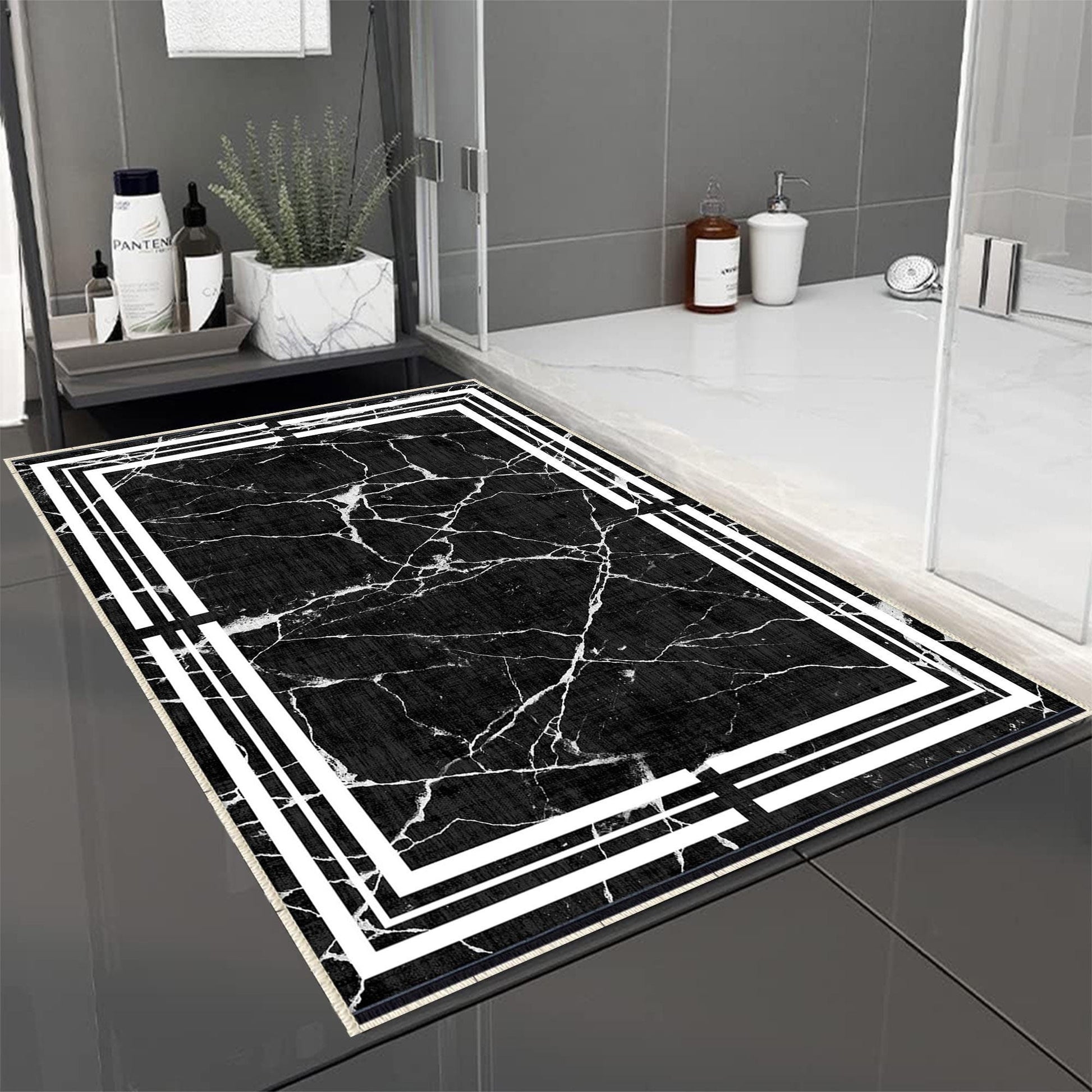Black White Marble Border Lines Bathroom Rug Non Slip Quick Dry Bath Mat - Geometric Toilet Mat, Soft Washable Modern Decor