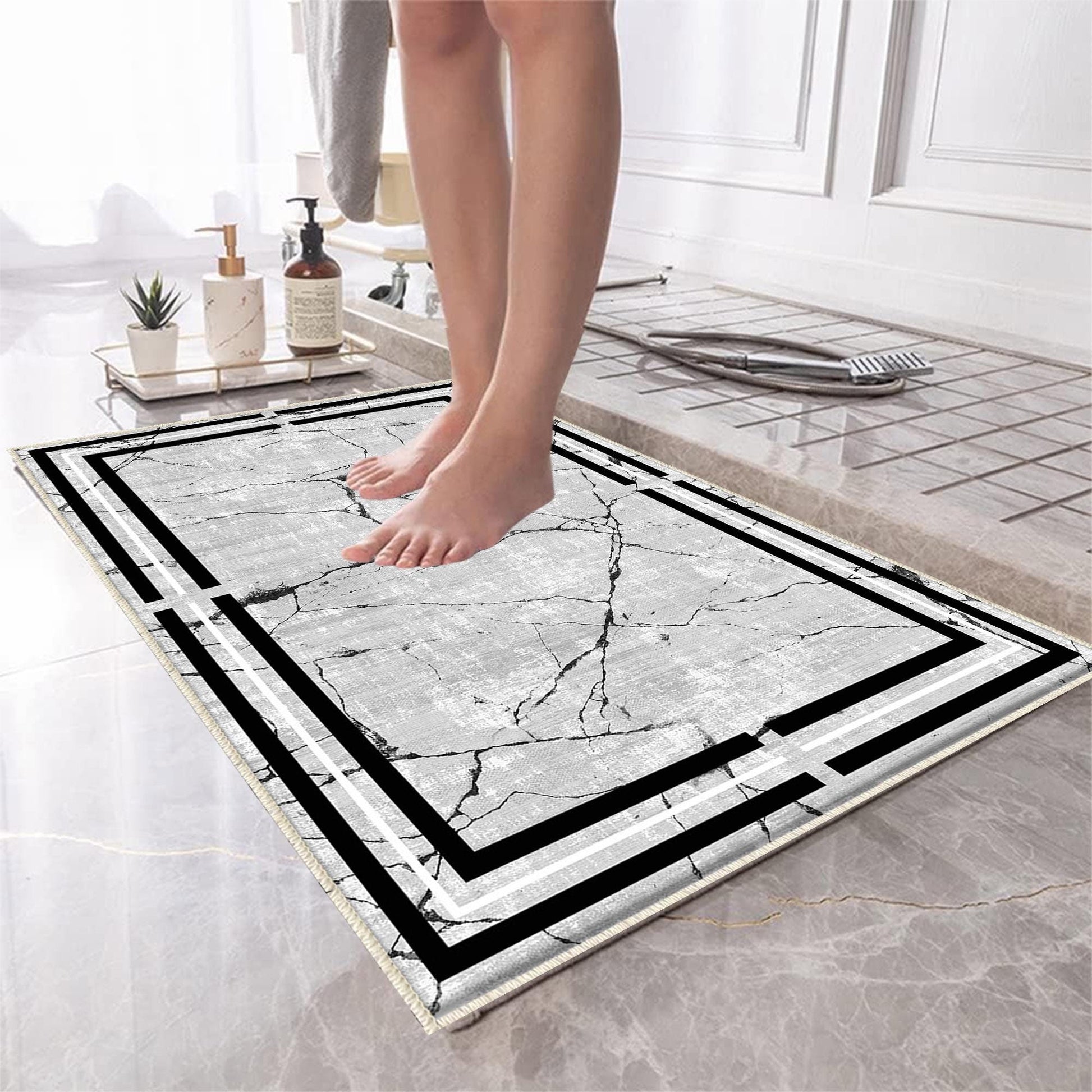 Gray White Black Marble Border Lines Bathroom Rug Non Slip Quick Dry Bath Mat - Geometric Toilet Mat, Soft Washable Modern Decor