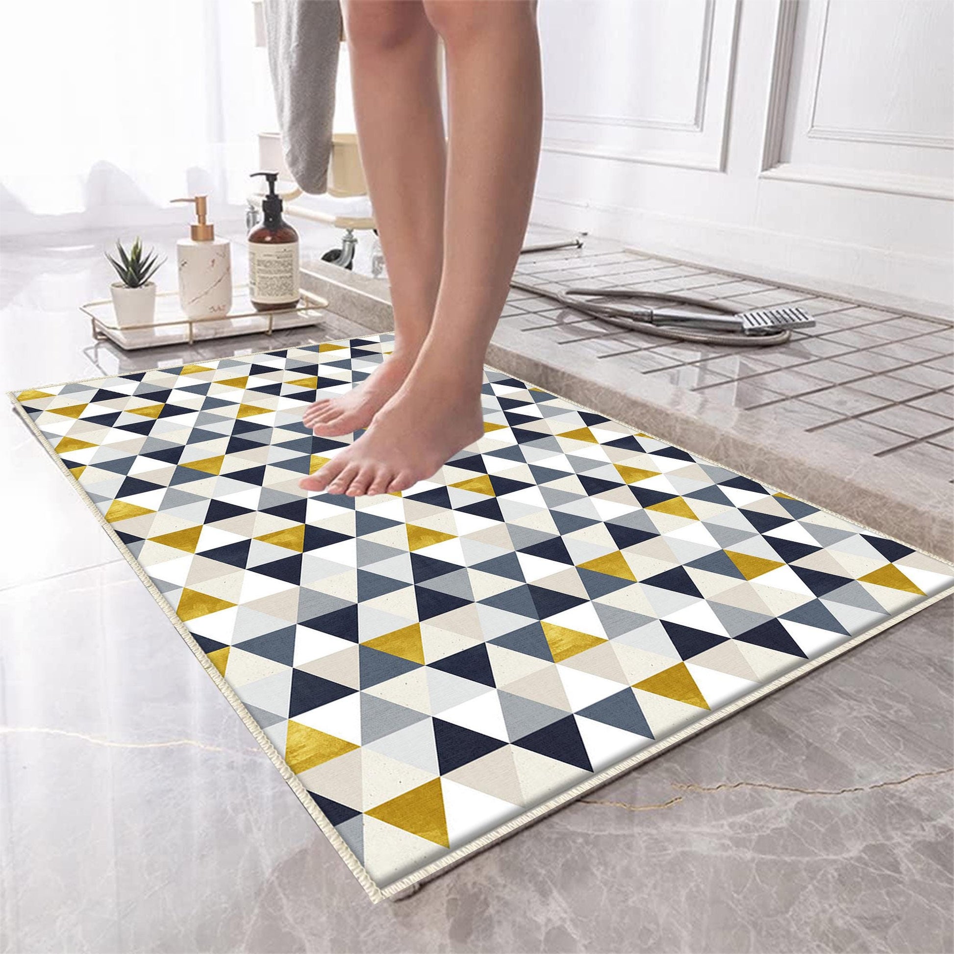 Yellow Gray Navu Blue Triangles Bathroom Rug Non Slip Quick Dry Bath Mat - Geometric Toilet Mat, Soft Washable Modern Decor