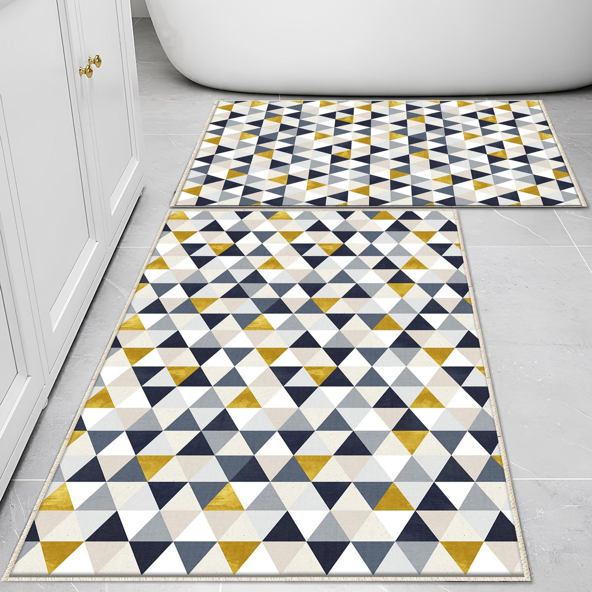Yellow Gray Navu Blue Triangles Bathroom Rug Non Slip Quick Dry Bath Mat - Geometric Toilet Mat, Soft Washable Modern Decor