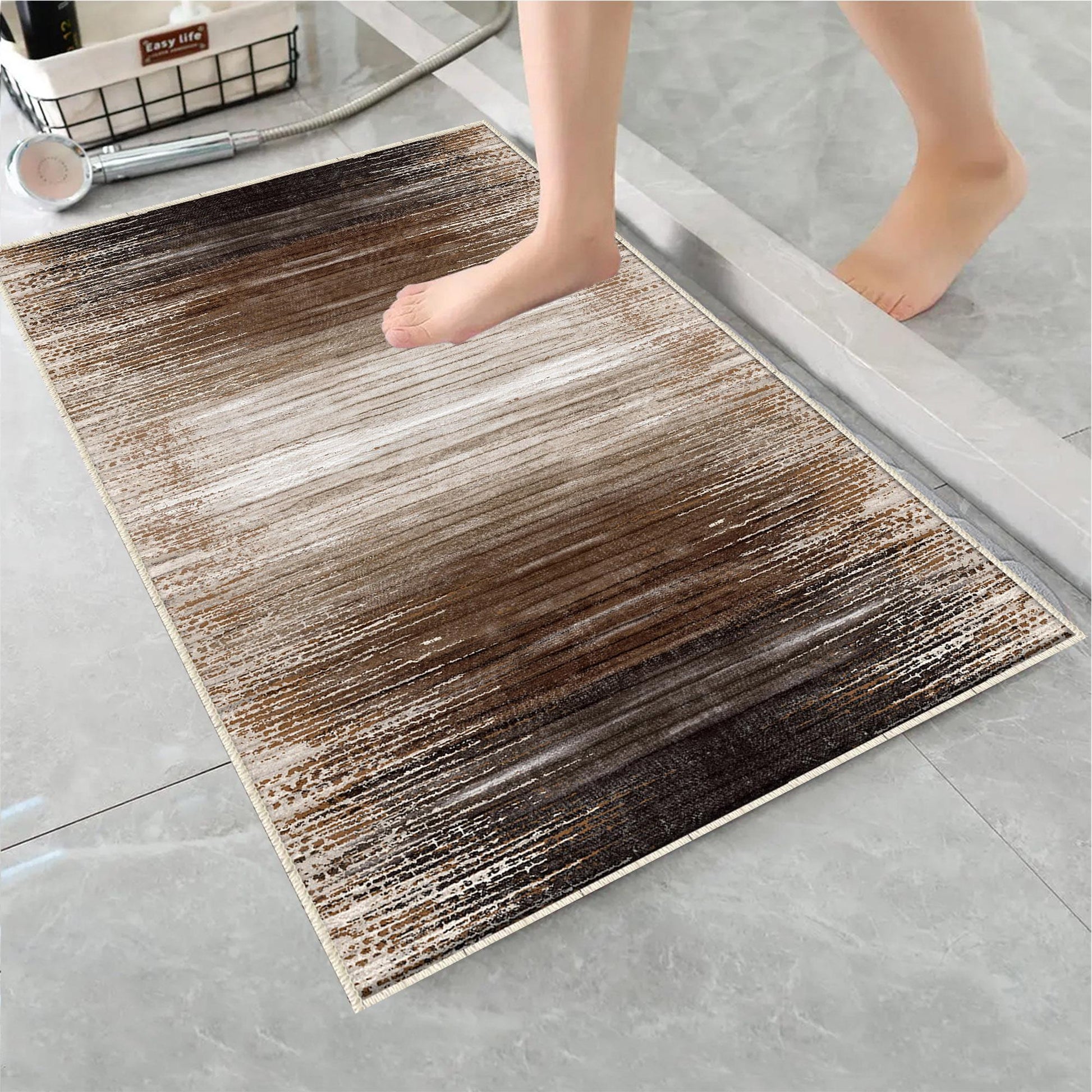Brown Abstract Lines Bathroom Rug Non Slip Quick Dry Bath Mat - Geometric Toilet Mat, Soft Washable Modern Decor
