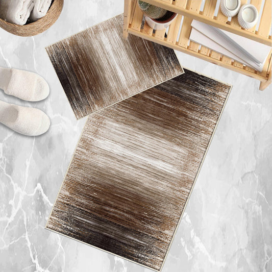 Brown Abstract Lines Bathroom Rug Non Slip Quick Dry Bath Mat - Geometric Toilet Mat, Soft Washable Modern Decor
