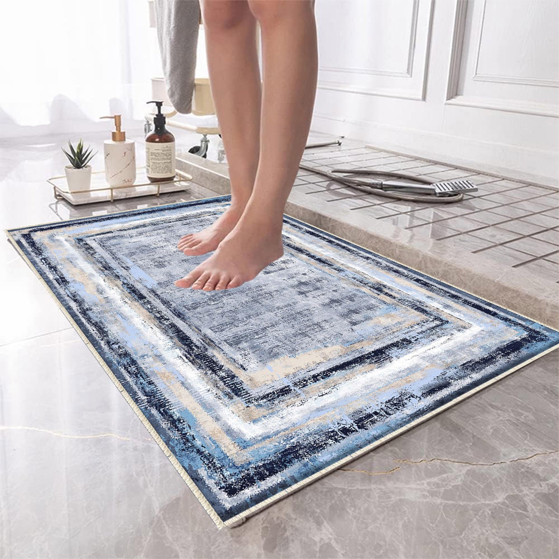 Blue White Retro Antiquing Border Line Bathroom Rug, Geometic Non Slip Quick Dry Bath Mat - Geometric Toilet Mat, Soft Washable Modern Decor