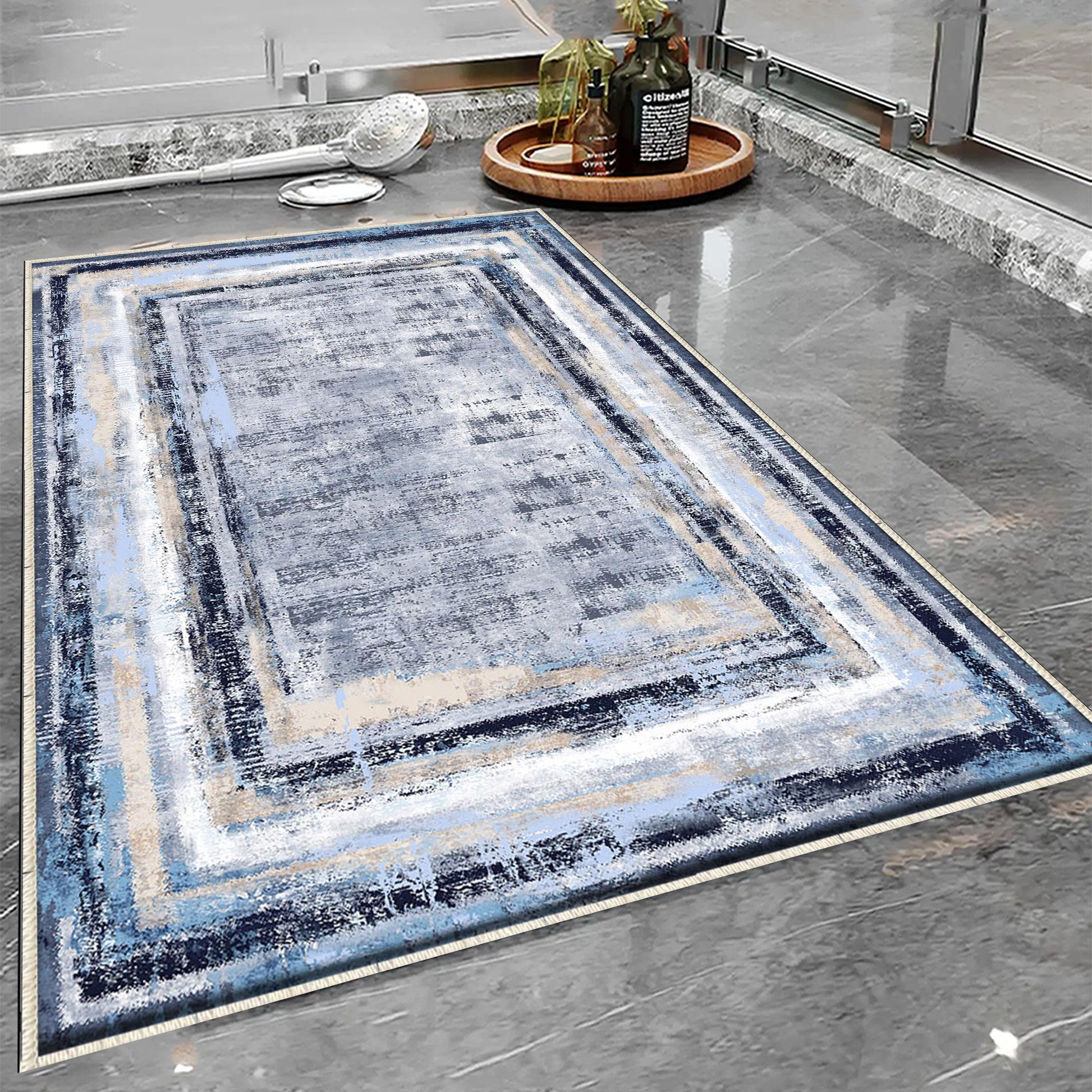 Blue White Retro Antiquing Border Line Bathroom Rug, Geometic Non Slip Quick Dry Bath Mat - Geometric Toilet Mat, Soft Washable Modern Decor