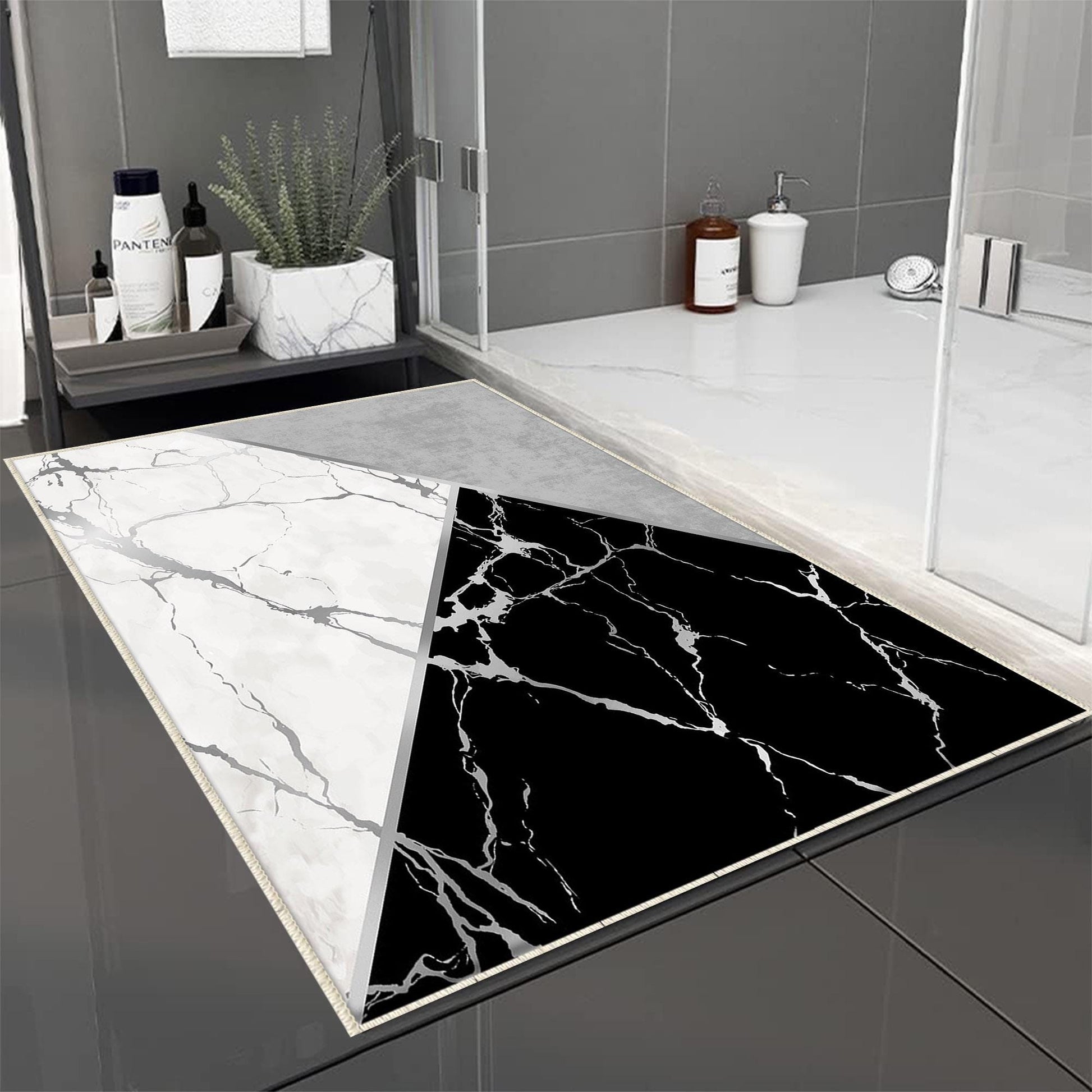 Black Gray White Marble Pattern Bathroom Rug, Geometic Non Slip Quick Dry Bath Mat - Geometric Toilet Mat, Soft Washable Modern Decor