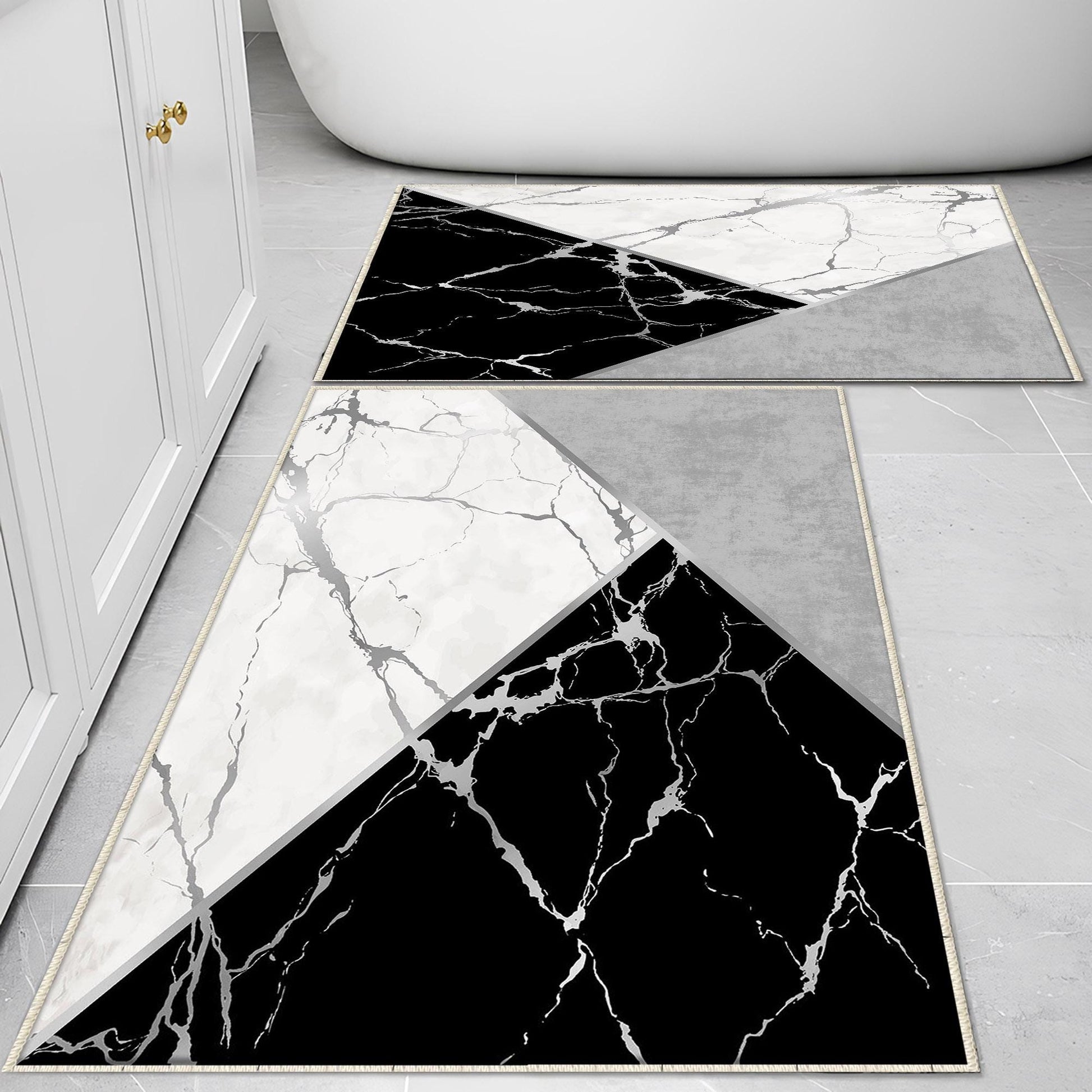 Black Gray White Marble Pattern Bathroom Rug, Geometic Non Slip Quick Dry Bath Mat - Geometric Toilet Mat, Soft Washable Modern Decor