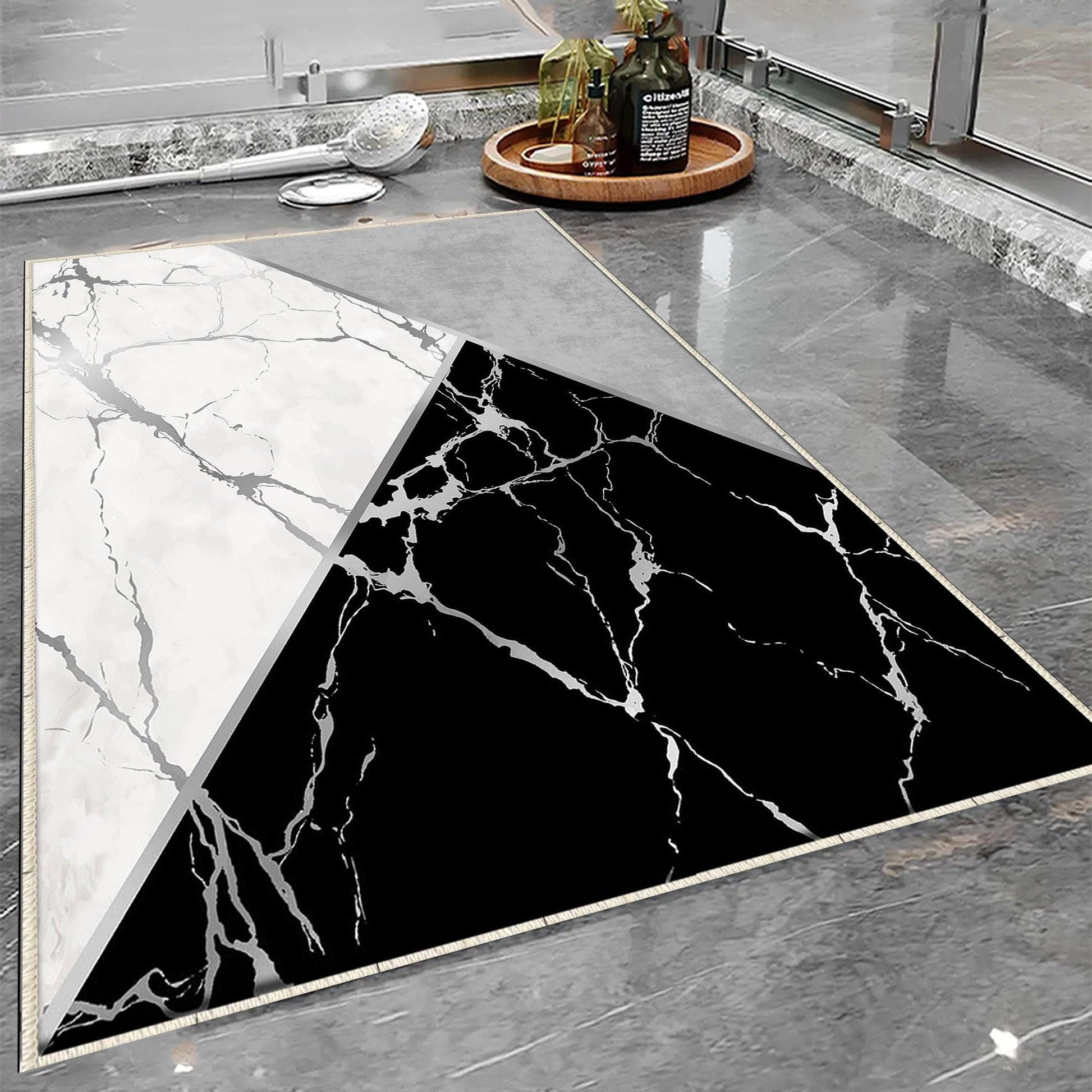 Black Gray White Marble Pattern Bathroom Rug, Geometic Non Slip Quick Dry Bath Mat - Geometric Toilet Mat, Soft Washable Modern Decor