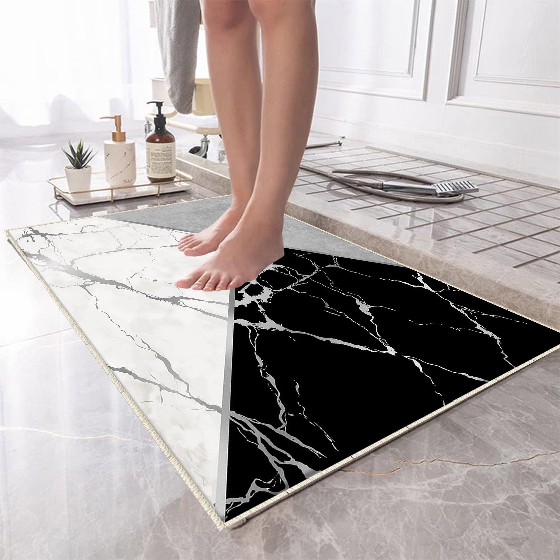 Black Gray White Marble Pattern Bathroom Rug, Geometic Non Slip Quick Dry Bath Mat - Geometric Toilet Mat, Soft Washable Modern Decor