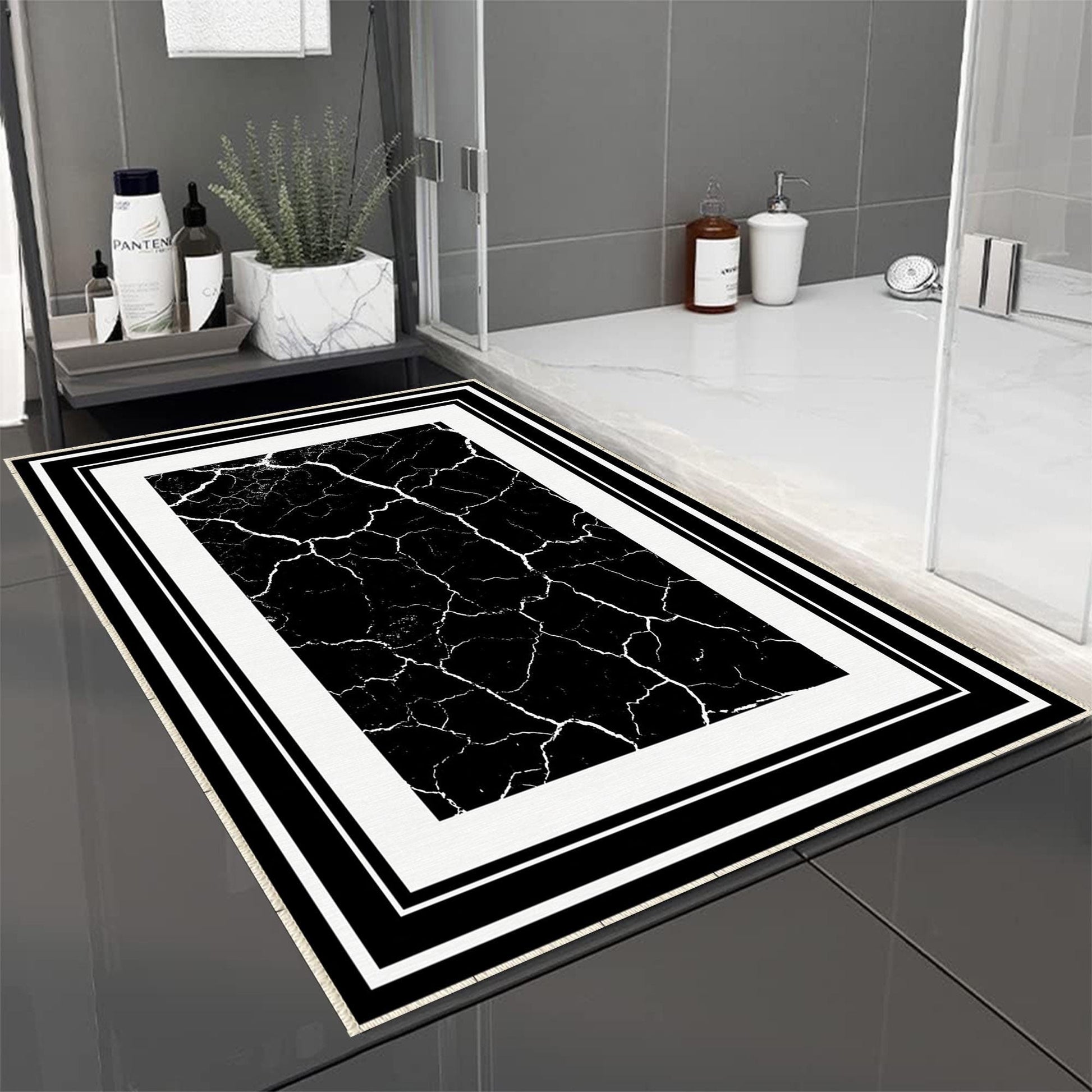 Black White Marble Border Pattern Bathroom Rug, Geometic Non Slip Quick Dry Bath Mat - Geometric Toilet Mat, Soft Washable Modern Decor