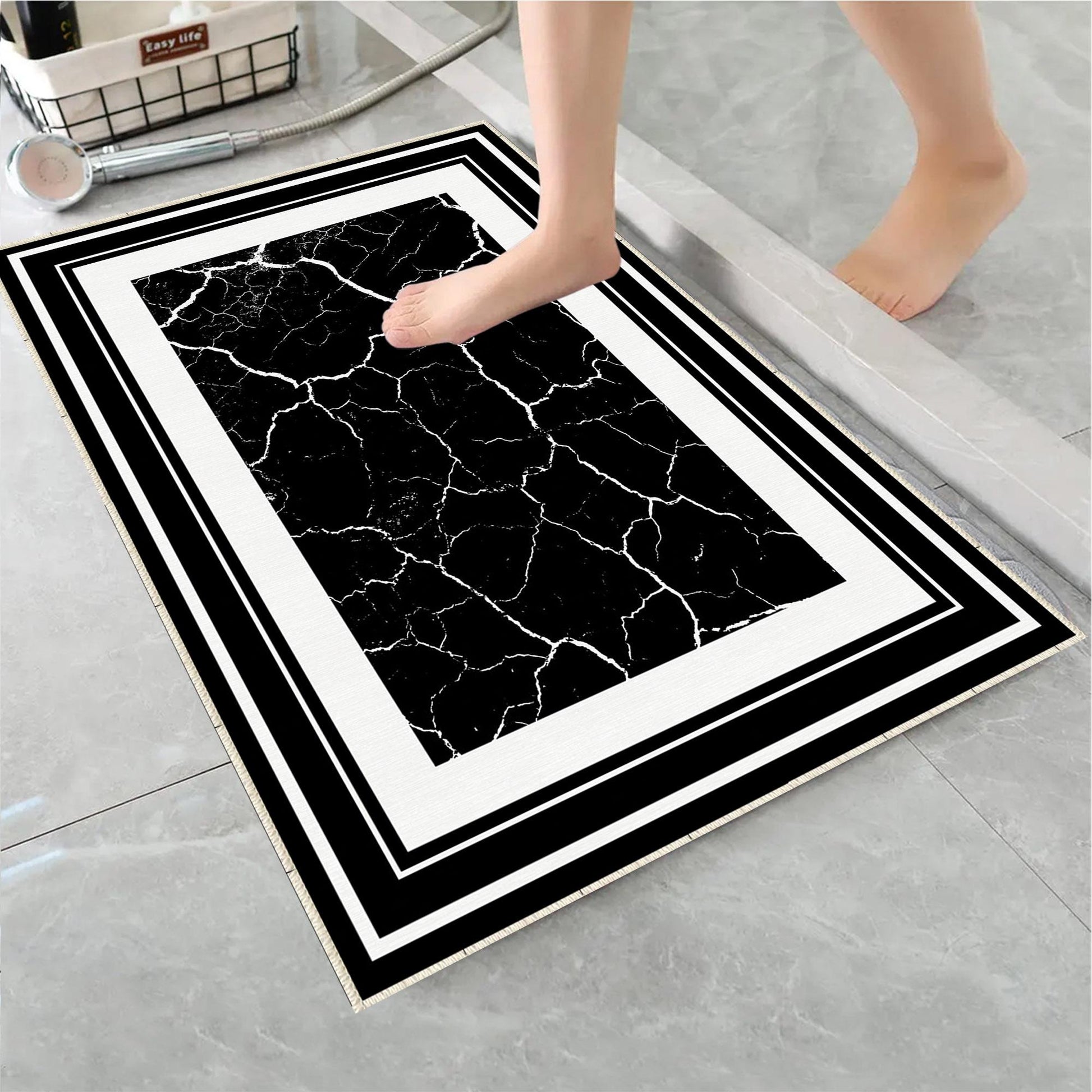 Black White Marble Border Pattern Bathroom Rug, Geometic Non Slip Quick Dry Bath Mat - Geometric Toilet Mat, Soft Washable Modern Decor