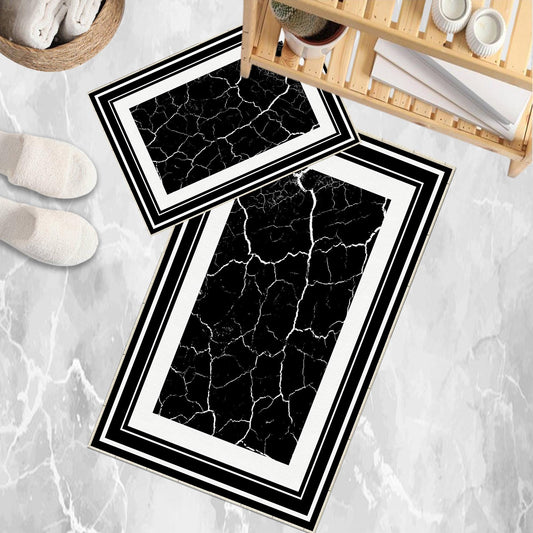 Black White Marble Border Pattern Bathroom Rug, Geometic Non Slip Quick Dry Bath Mat - Geometric Toilet Mat, Soft Washable Modern Decor