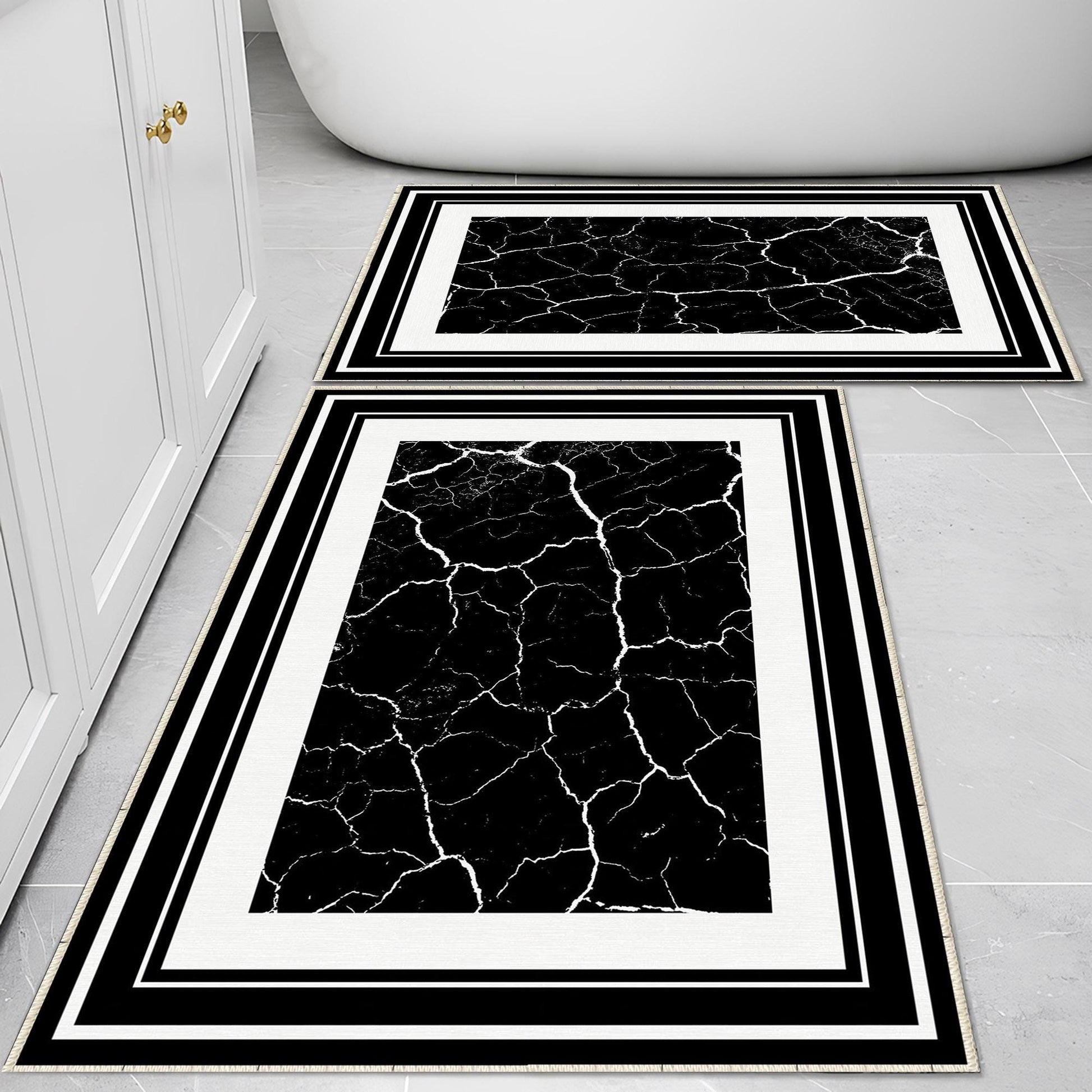 Black White Marble Border Pattern Bathroom Rug, Geometic Non Slip Quick Dry Bath Mat - Geometric Toilet Mat, Soft Washable Modern Decor
