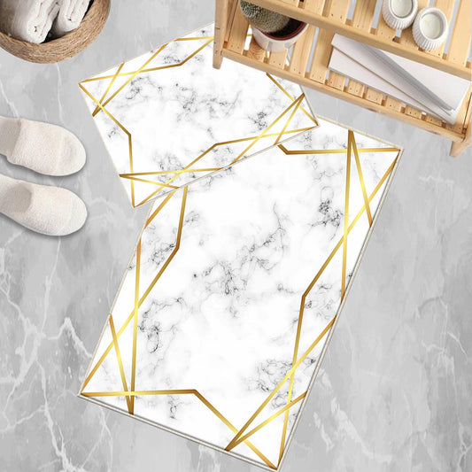 Golden Lines Marble Bathroom Rug Non Slip Quick Dry Bath Mat Geometric Washable Soft Modern Toilet Mat with Border Lines