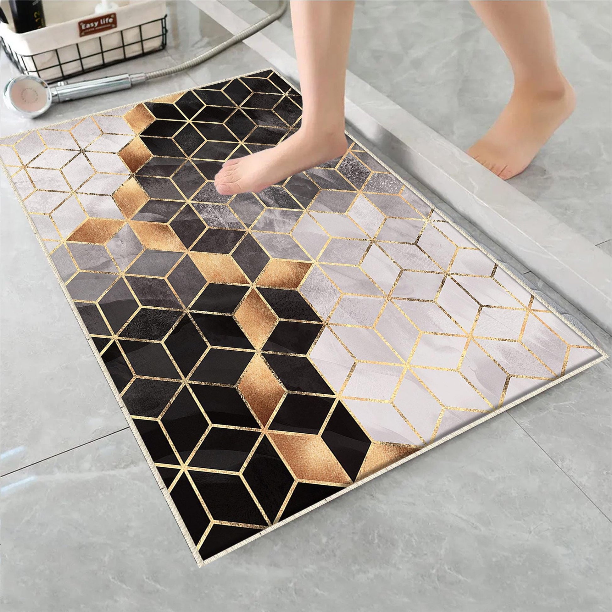 Golden Black Gray Cubes Marble Bathroom Rug Non Slip Quick Dry Bath Mat Geometric Washable Soft Modern Toilet Mat
