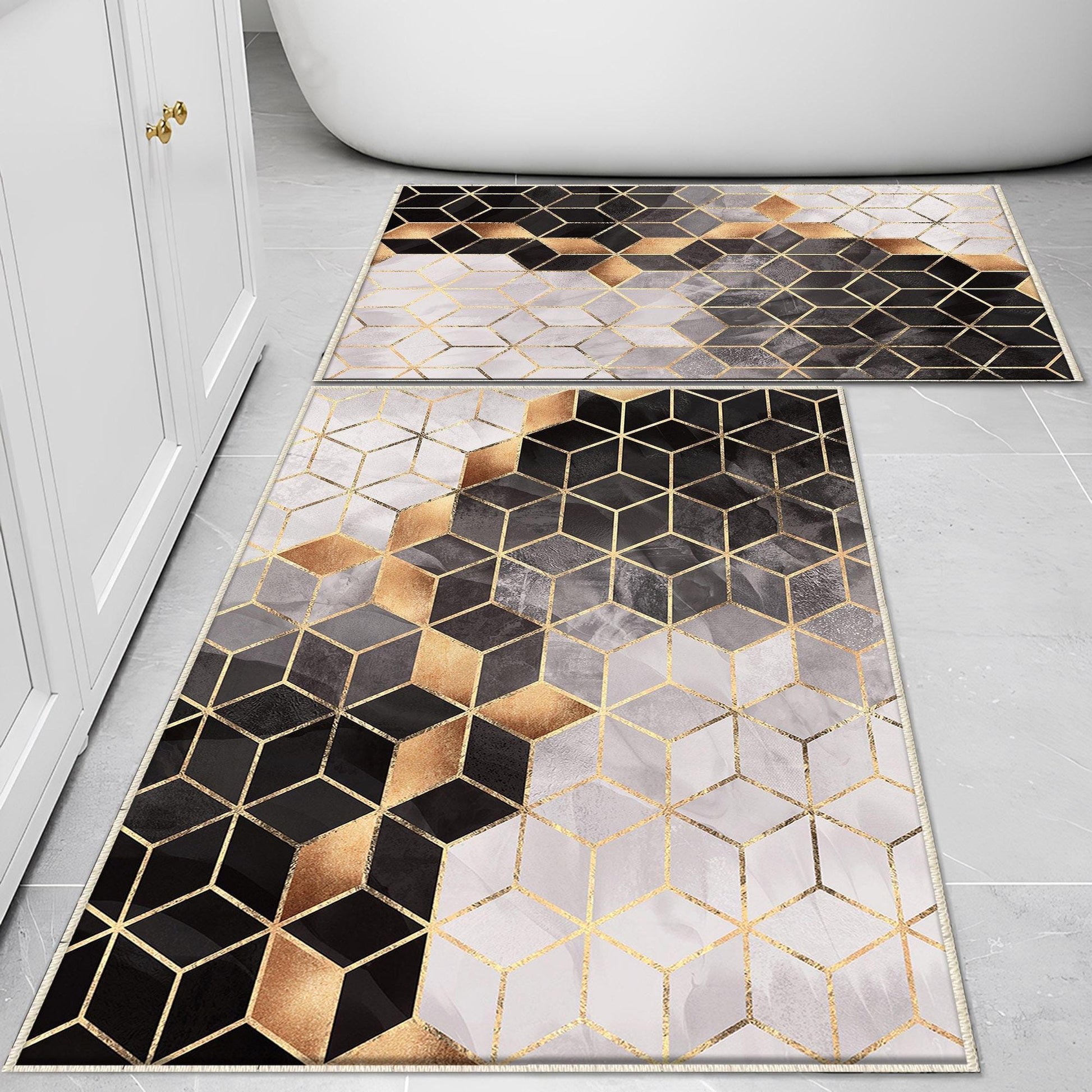 Golden Black Gray Cubes Marble Bathroom Rug Non Slip Quick Dry Bath Mat Geometric Washable Soft Modern Toilet Mat