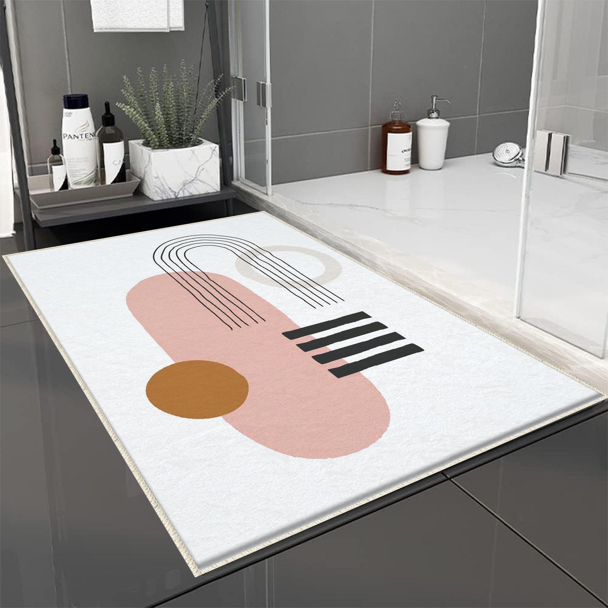 Pink Orange Black Minimal Geometric Bathroom Rug, Non Slip Quick Dry Bath Mat, Washable Soft Modern Toilet Mat