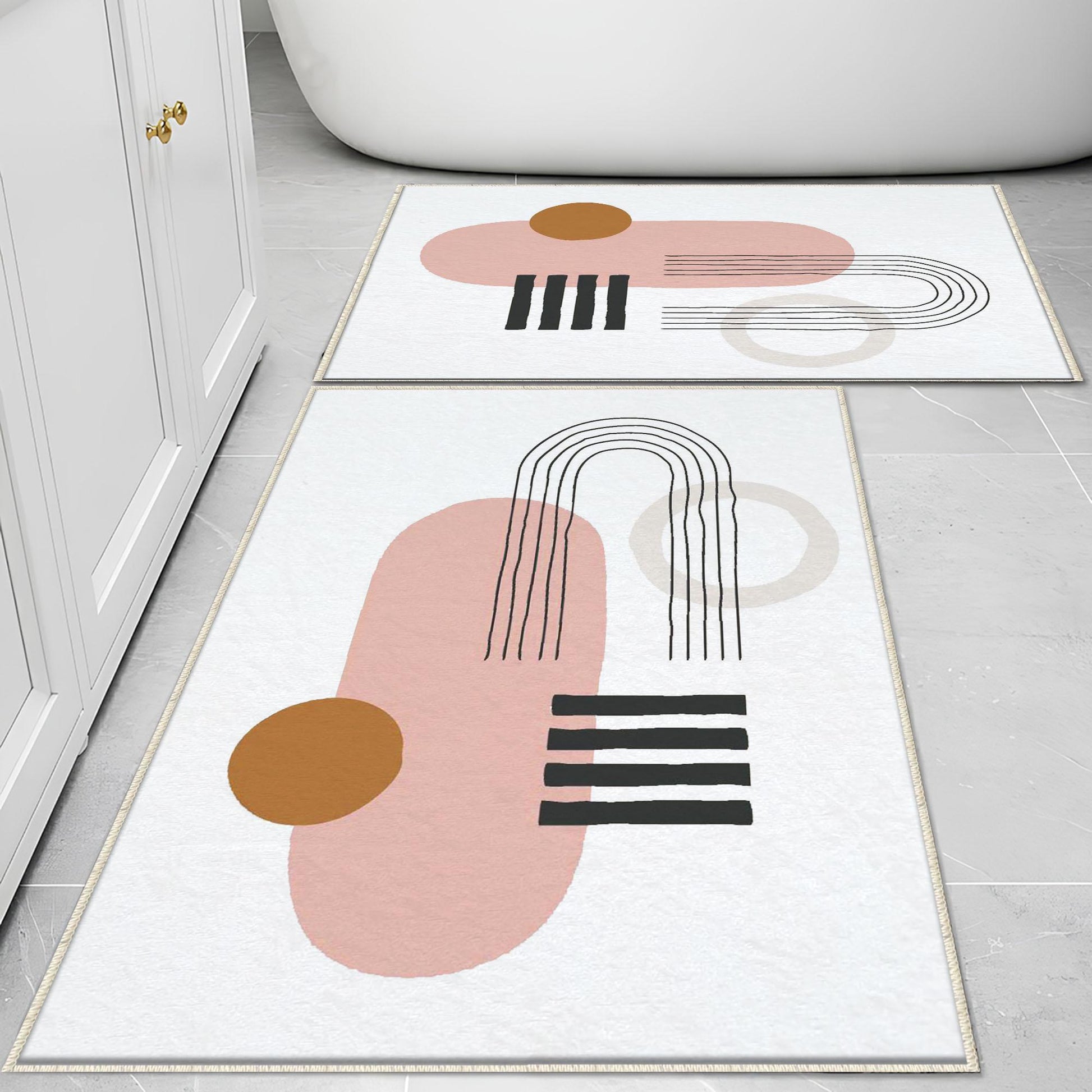 Pink Orange Black Minimal Geometric Bathroom Rug, Non Slip Quick Dry Bath Mat, Washable Soft Modern Toilet Mat