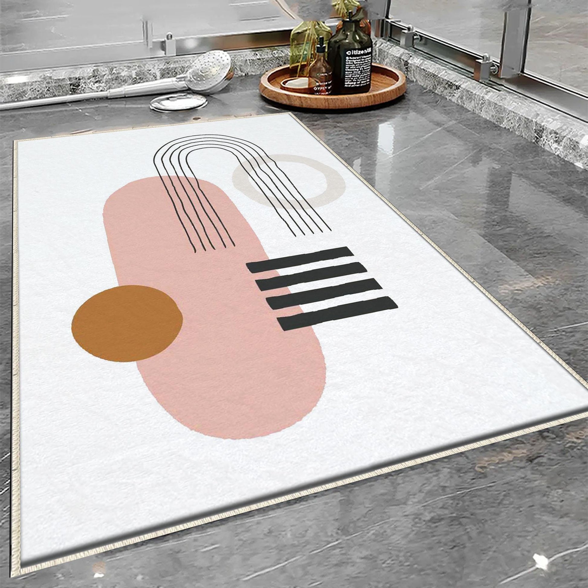 Pink Orange Black Minimal Geometric Bathroom Rug, Non Slip Quick Dry Bath Mat, Washable Soft Modern Toilet Mat