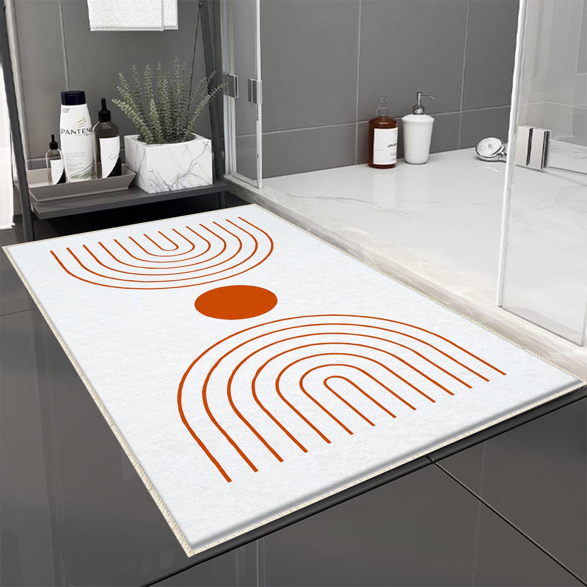 White Orange Minimal Geometric Bathroom Rug, Non Slip Quick Dry Bath Mat, Washable Soft Modern Toilet Mat