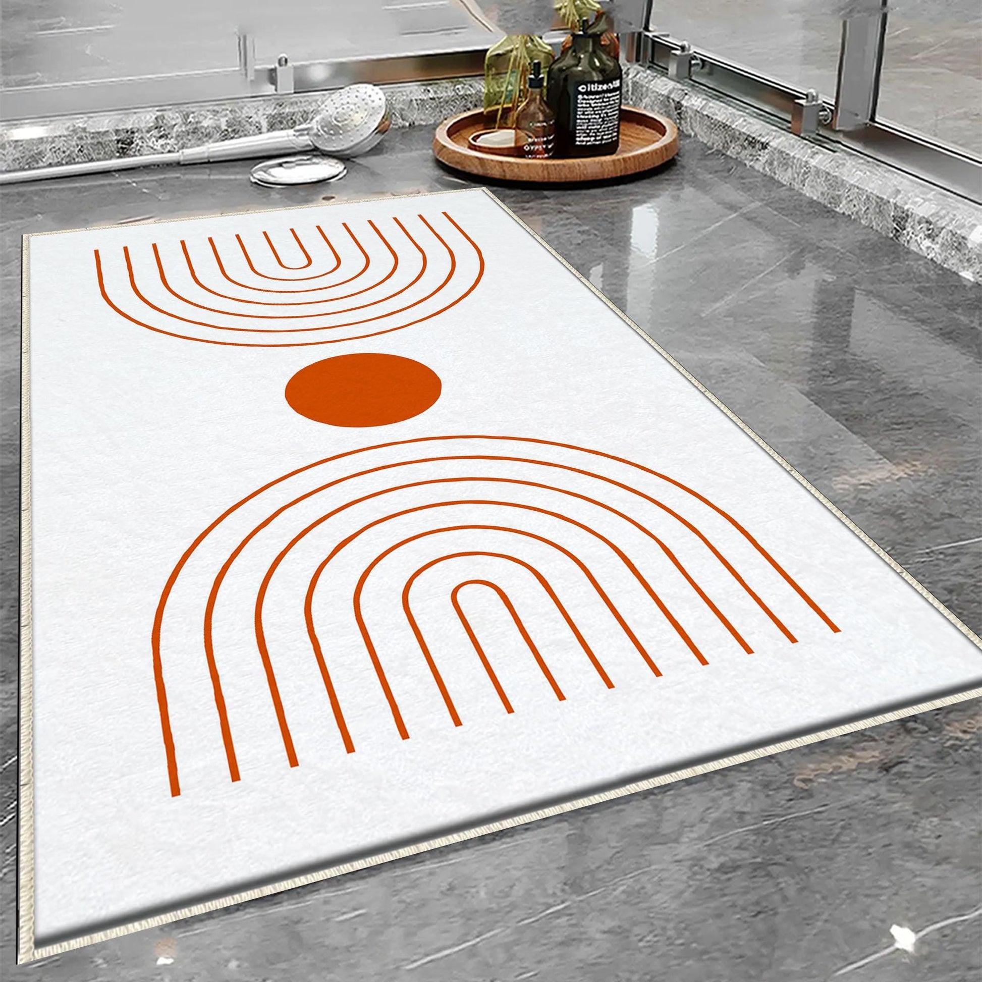 White Orange Minimal Geometric Bathroom Rug, Non Slip Quick Dry Bath Mat, Washable Soft Modern Toilet Mat