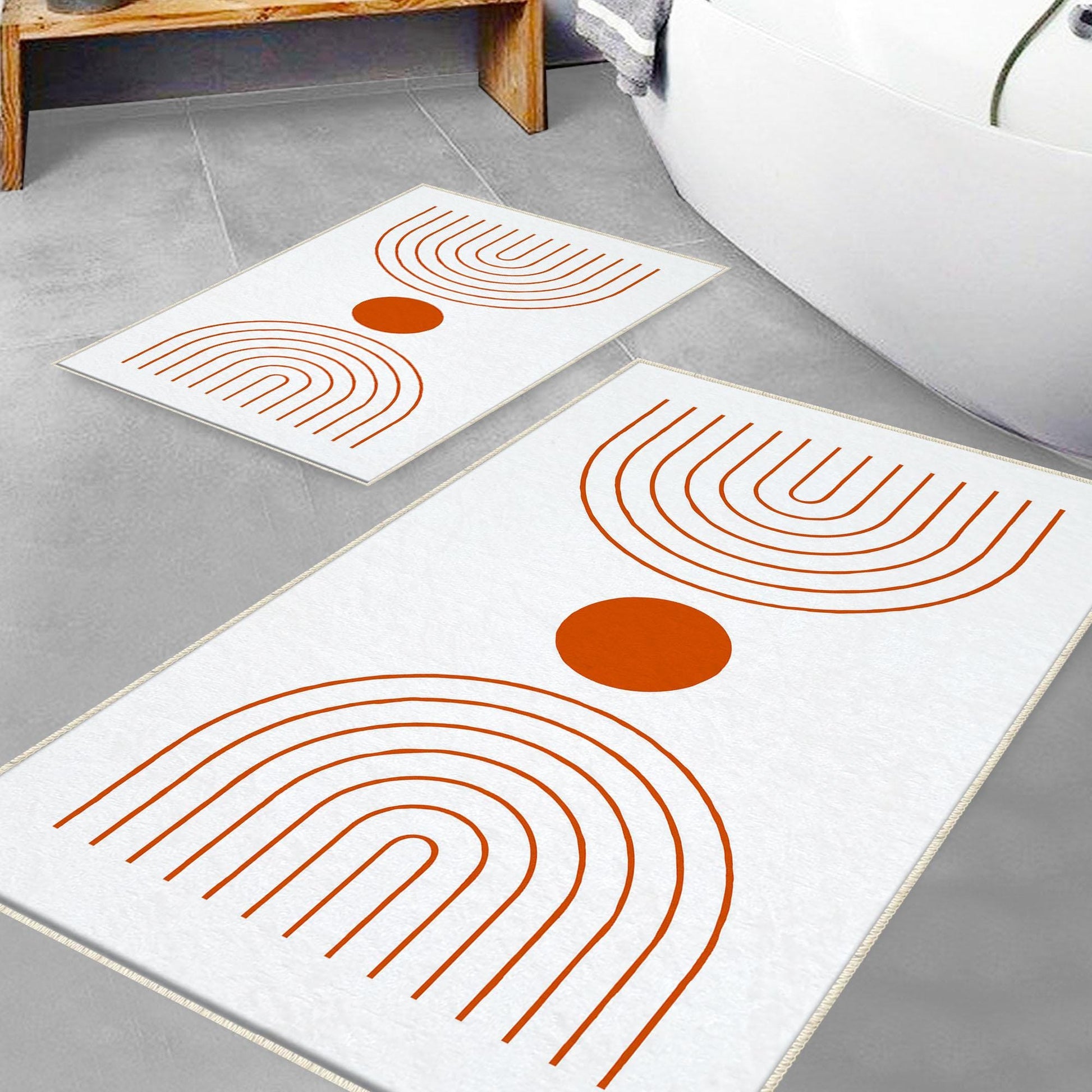 White Orange Minimal Geometric Bathroom Rug, Non Slip Quick Dry Bath Mat, Washable Soft Modern Toilet Mat