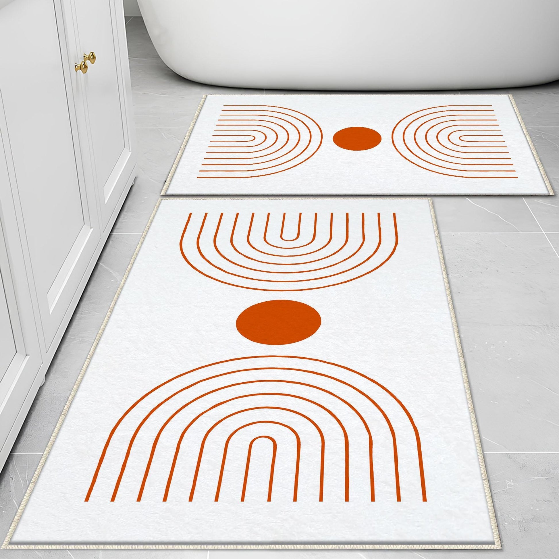 White Orange Minimal Geometric Bathroom Rug, Non Slip Quick Dry Bath Mat, Washable Soft Modern Toilet Mat