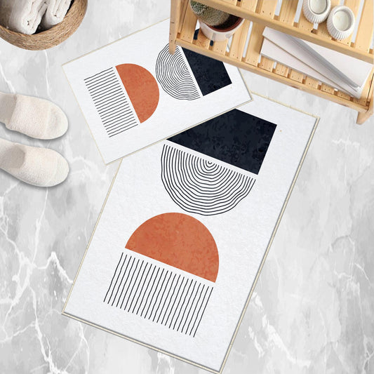 White Black Orange Minimal Geometric Bathroom Rug, Non Slip Quick Dry Bath Mat, Washable Soft Modern Toilet Mat