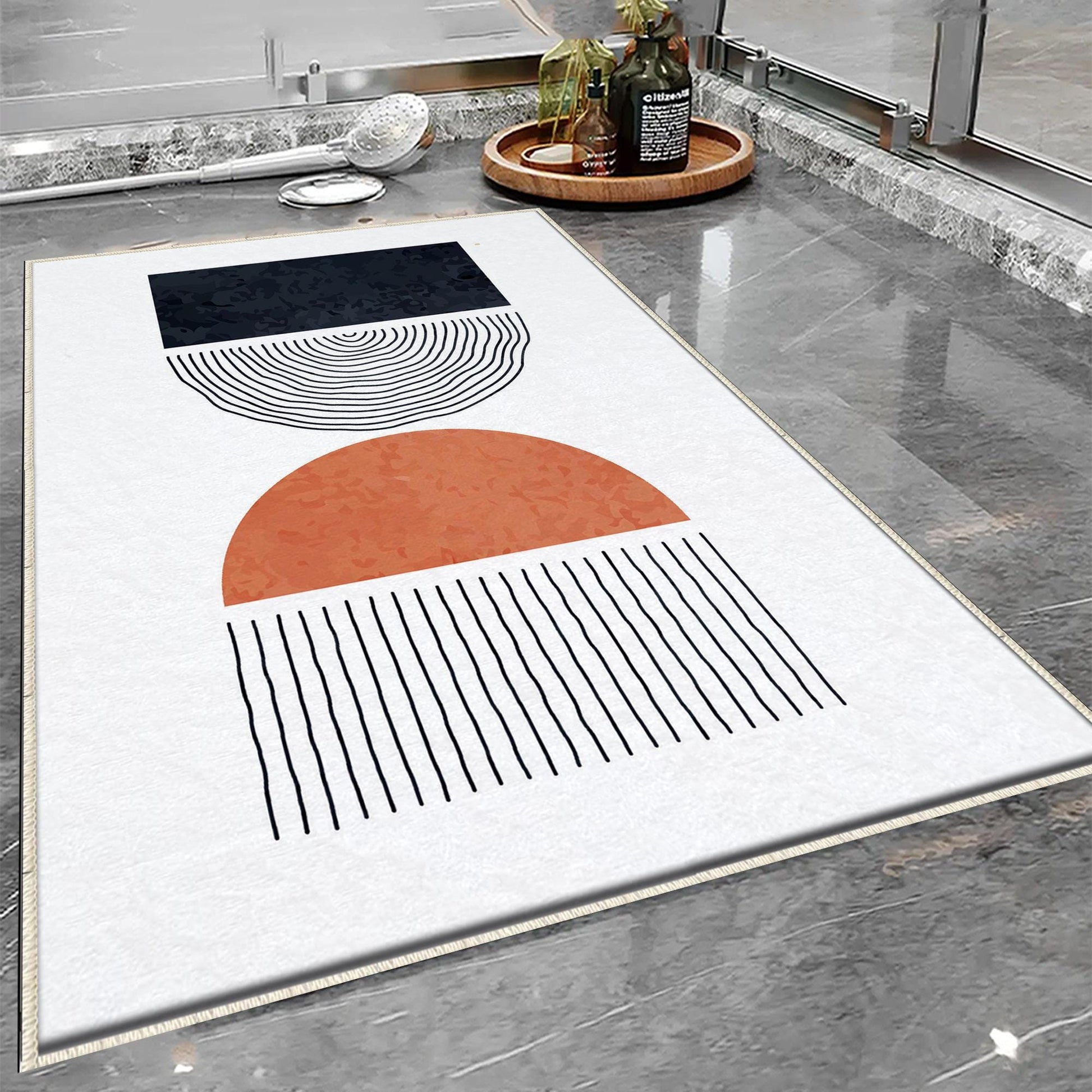 White Black Orange Minimal Geometric Bathroom Rug, Non Slip Quick Dry Bath Mat, Washable Soft Modern Toilet Mat
