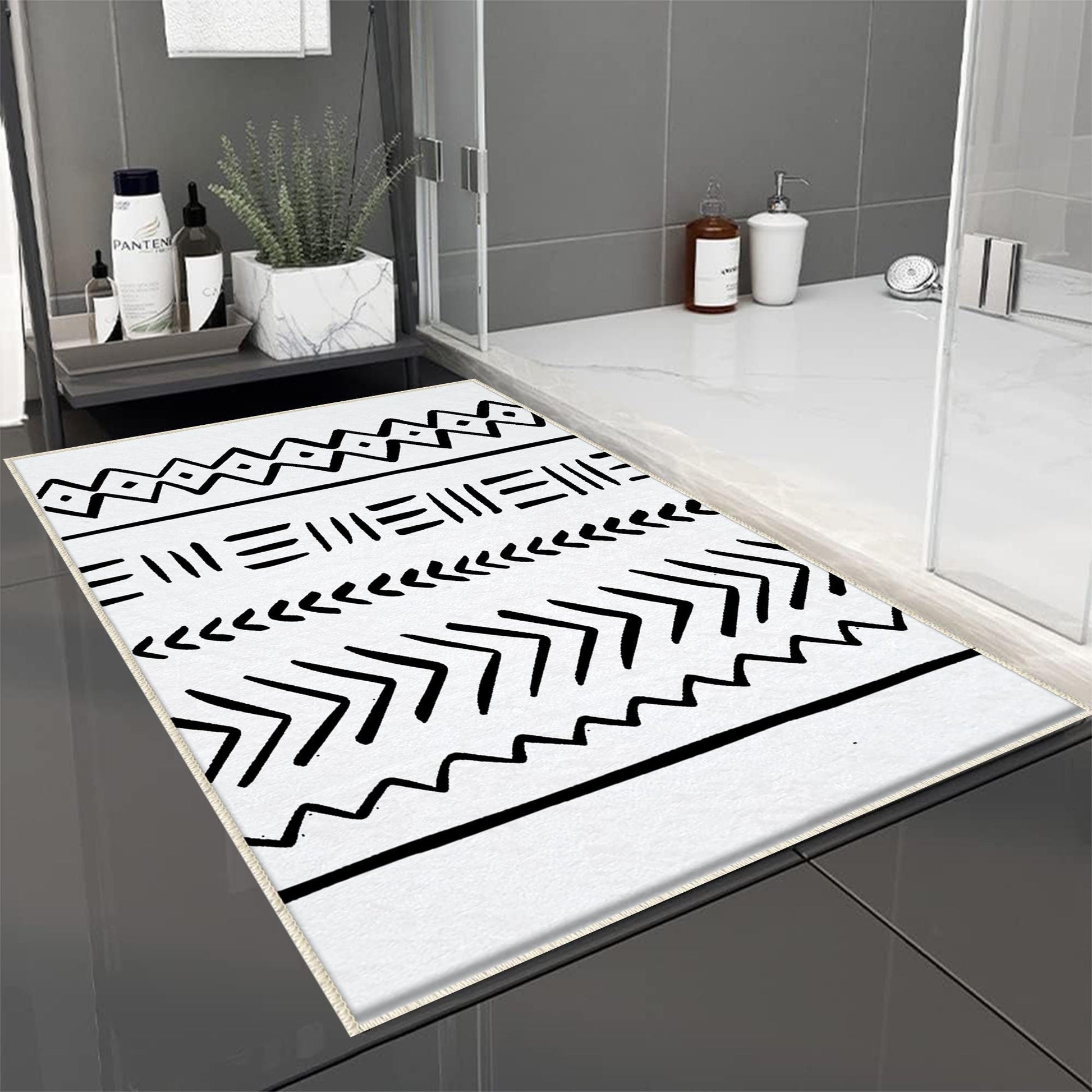 Black White Aztec Tribal Boho Geometric Bathroom Rug, Non Slip Quick Dry Bath Mat, Washable Soft Modern Toilet Mat