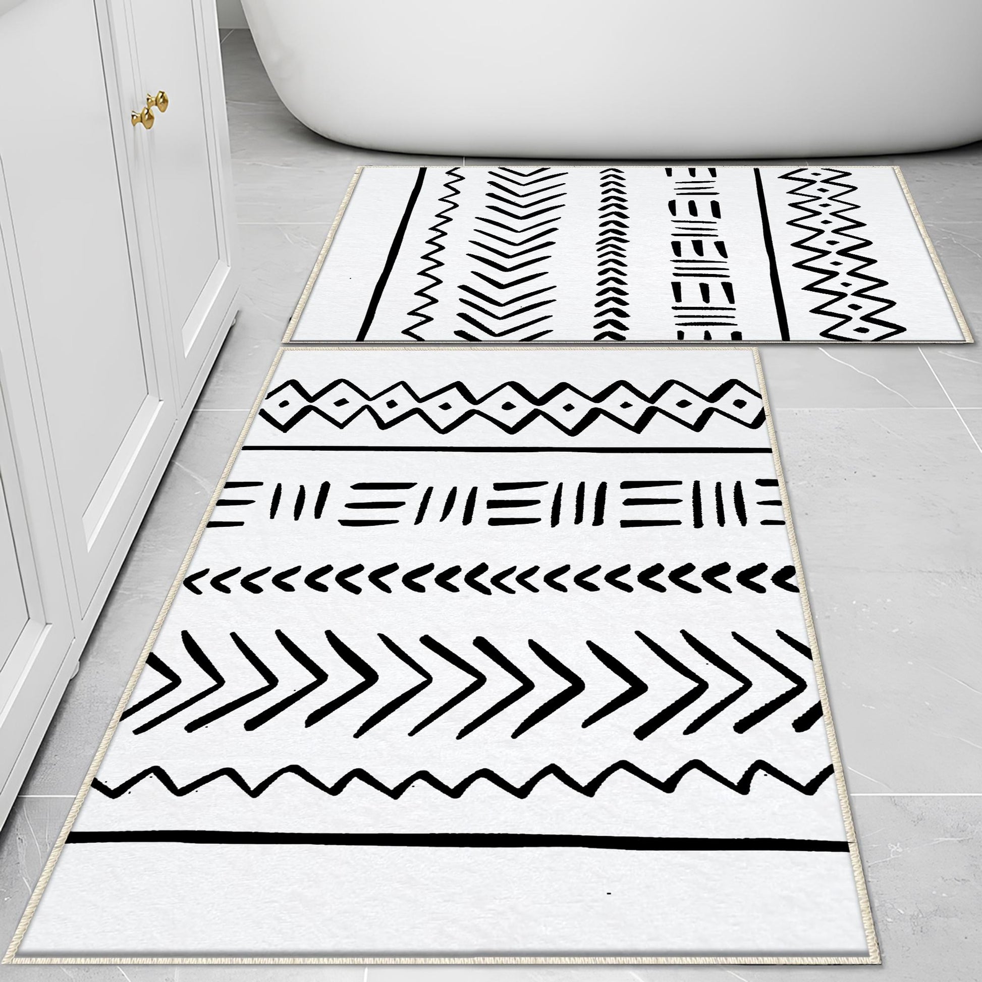 Black White Aztec Tribal Boho Geometric Bathroom Rug, Non Slip Quick Dry Bath Mat, Washable Soft Modern Toilet Mat