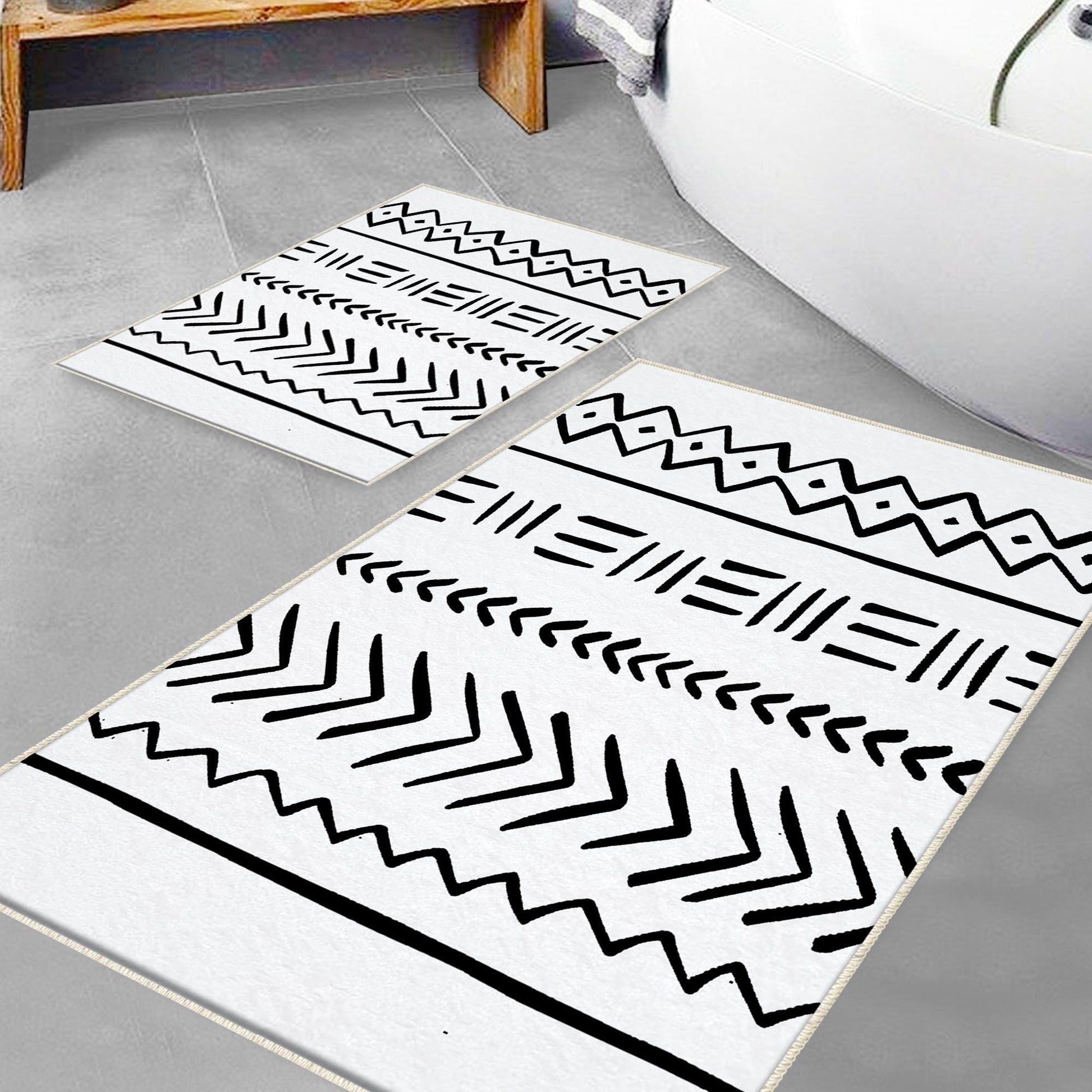 Black White Aztec Tribal Boho Geometric Bathroom Rug, Non Slip Quick Dry Bath Mat, Washable Soft Modern Toilet Mat