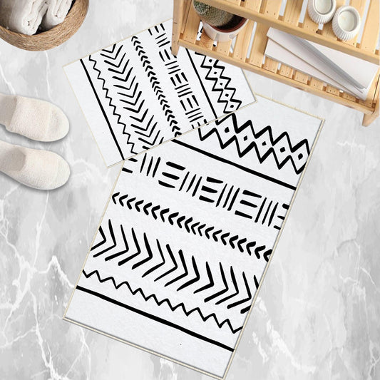 Black White Aztec Tribal Boho Geometric Bathroom Rug, Non Slip Quick Dry Bath Mat, Washable Soft Modern Toilet Mat