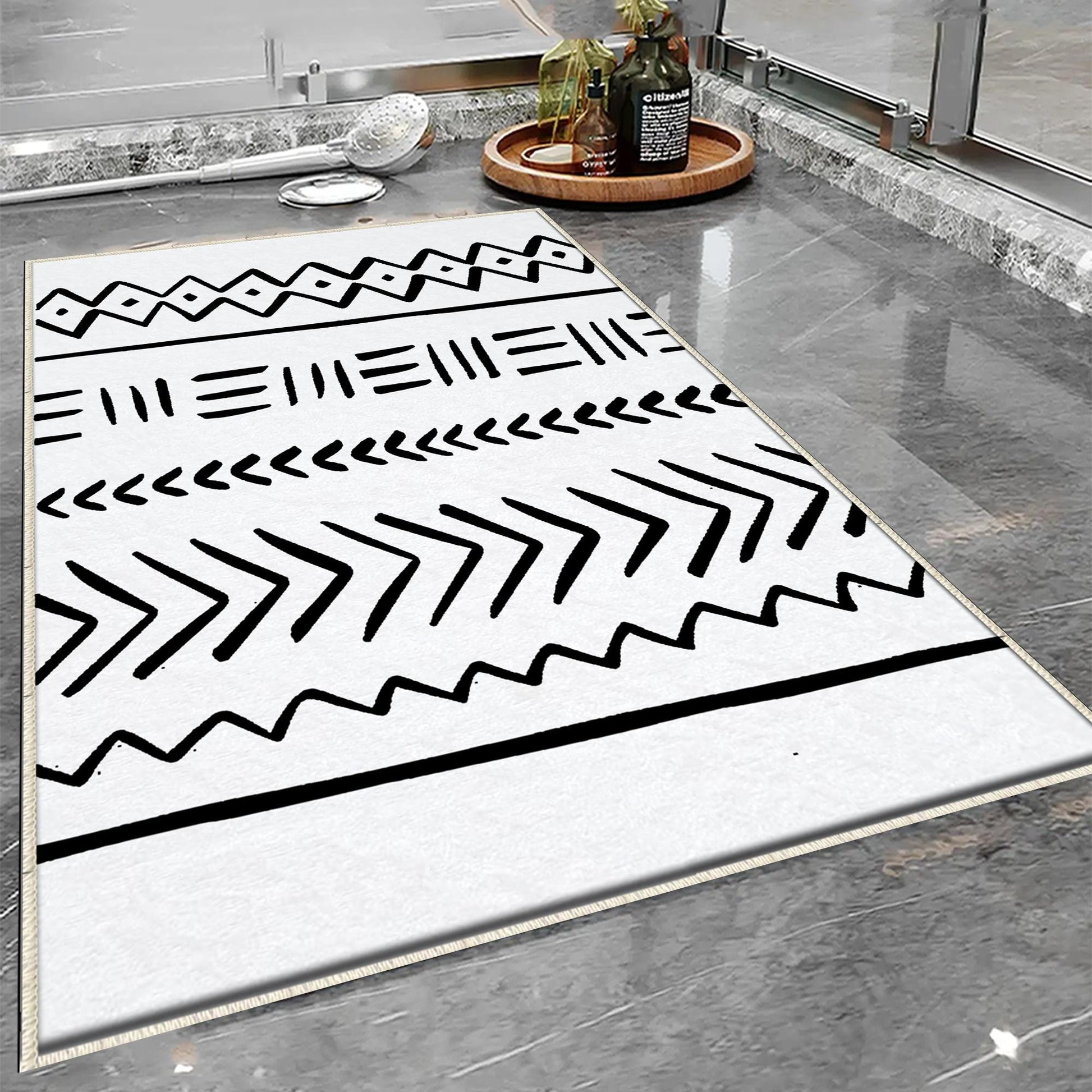 Black White Aztec Tribal Boho Geometric Bathroom Rug, Non Slip Quick Dry Bath Mat, Washable Soft Modern Toilet Mat