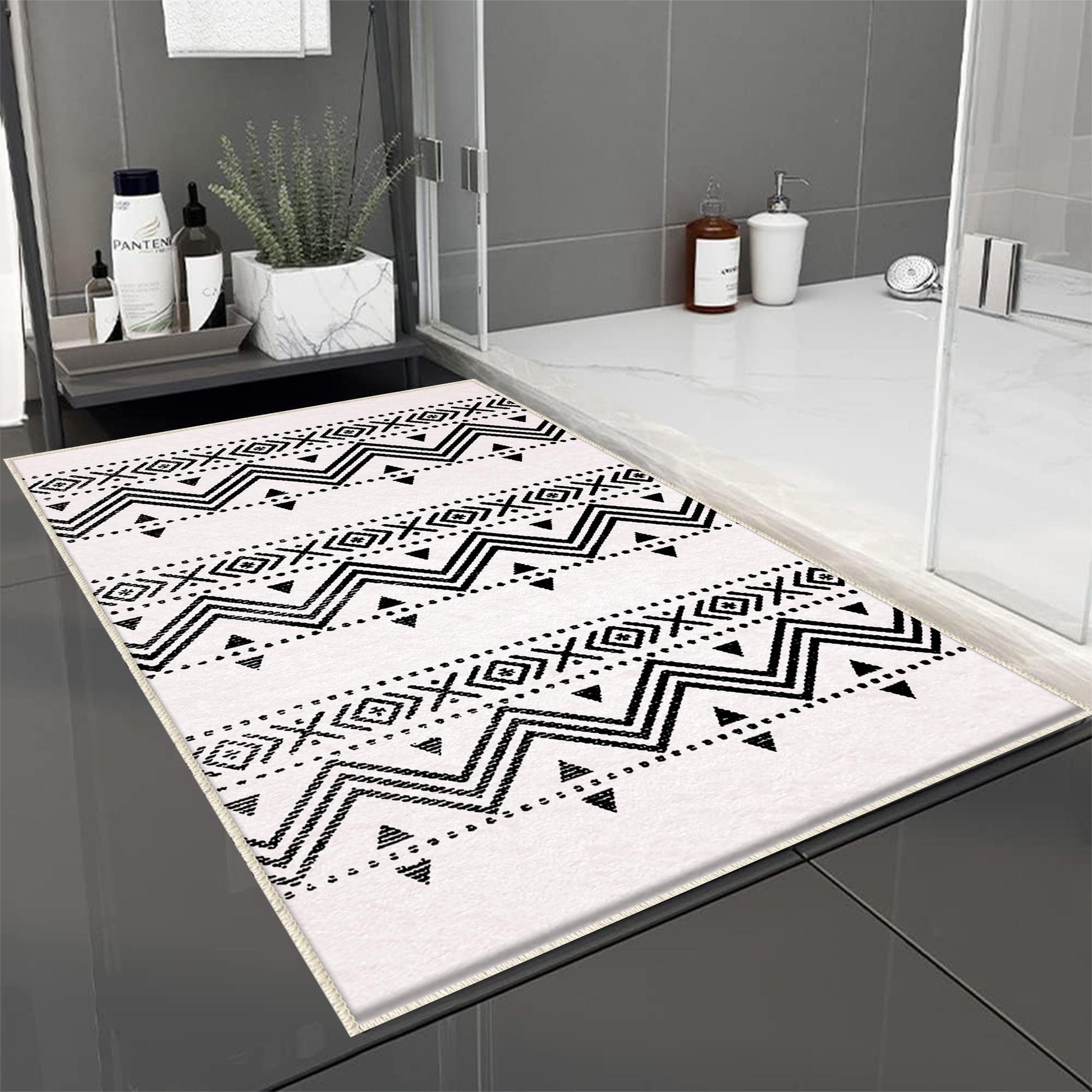 Black White Aztec Tribal Boho Geometric Bathroom Rug, Non Slip Quick Dry Bath Mat, Washable Soft Modern Toilet Mat