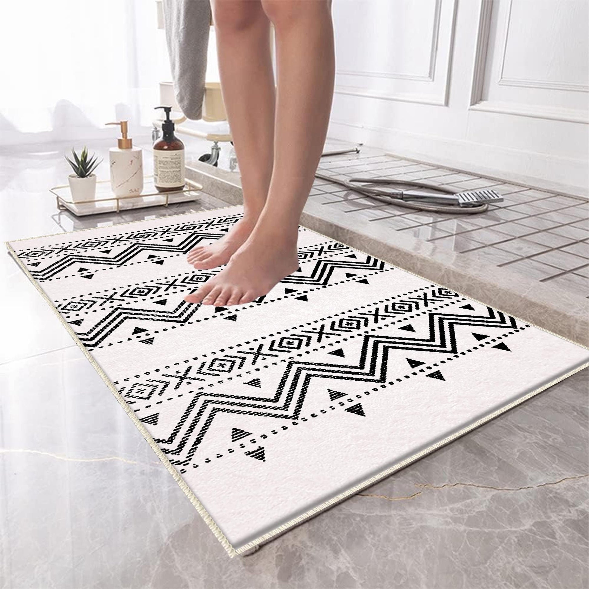 Black White Aztec Tribal Boho Geometric Bathroom Rug, Non Slip Quick Dry Bath Mat, Washable Soft Modern Toilet Mat
