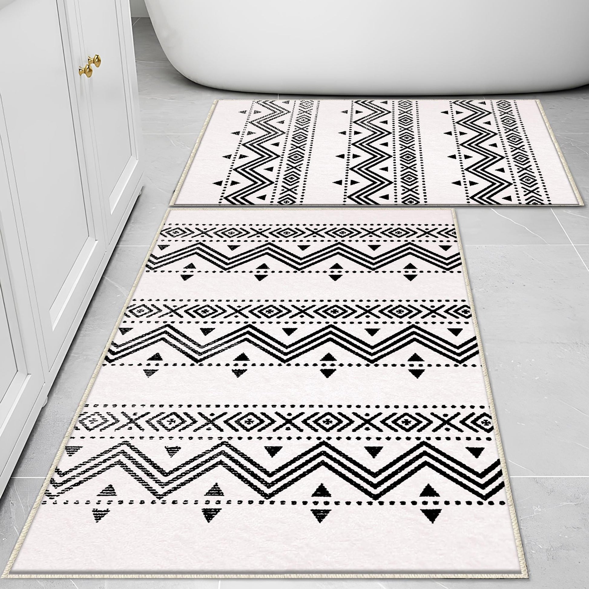 Black White Aztec Tribal Boho Geometric Bathroom Rug, Non Slip Quick Dry Bath Mat, Washable Soft Modern Toilet Mat