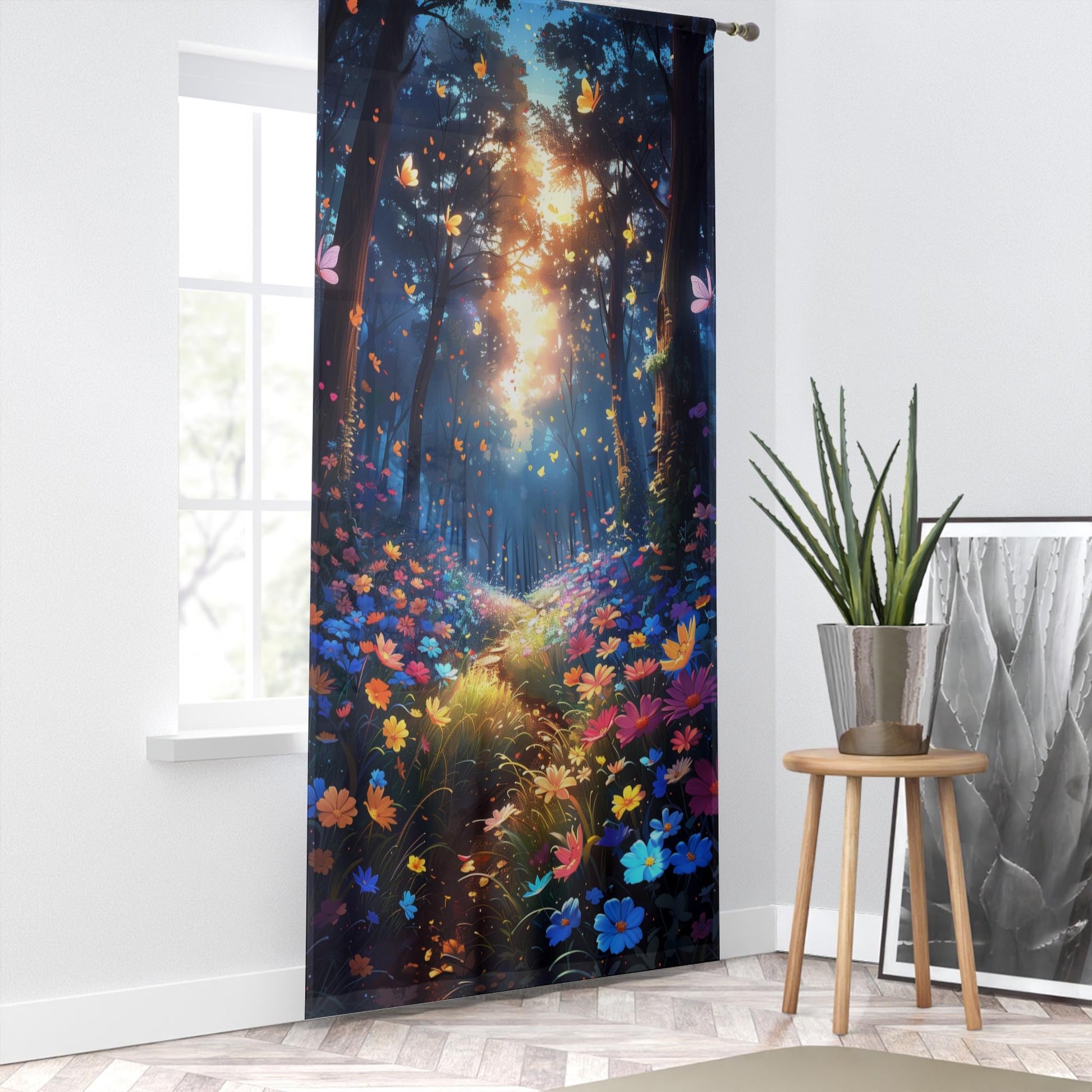Colorful Flowers Woodland Path Sheer Curtain for Girls Room, Lightweight Floral Nursery Net Voile, Kids Room Window Drapes, Machine Washable