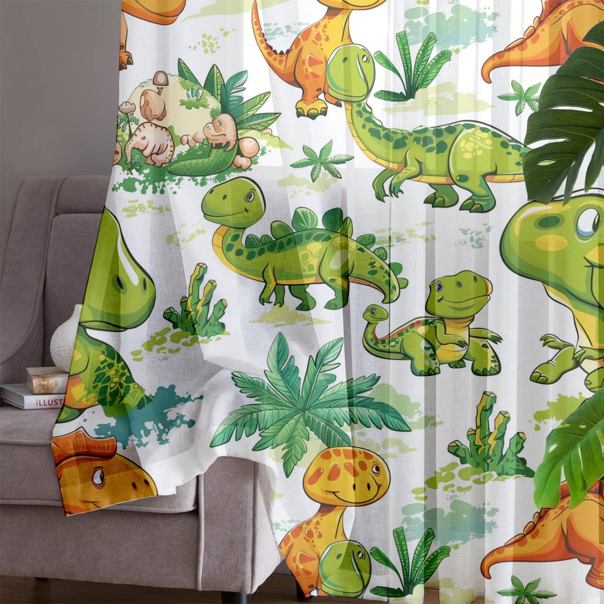Dinosaur Sheer Curtain for Kids Room, Lightweight Green Orange Dino Jurassic Nursery Net Voile, Kids Room Window Drapes, Machine Washable